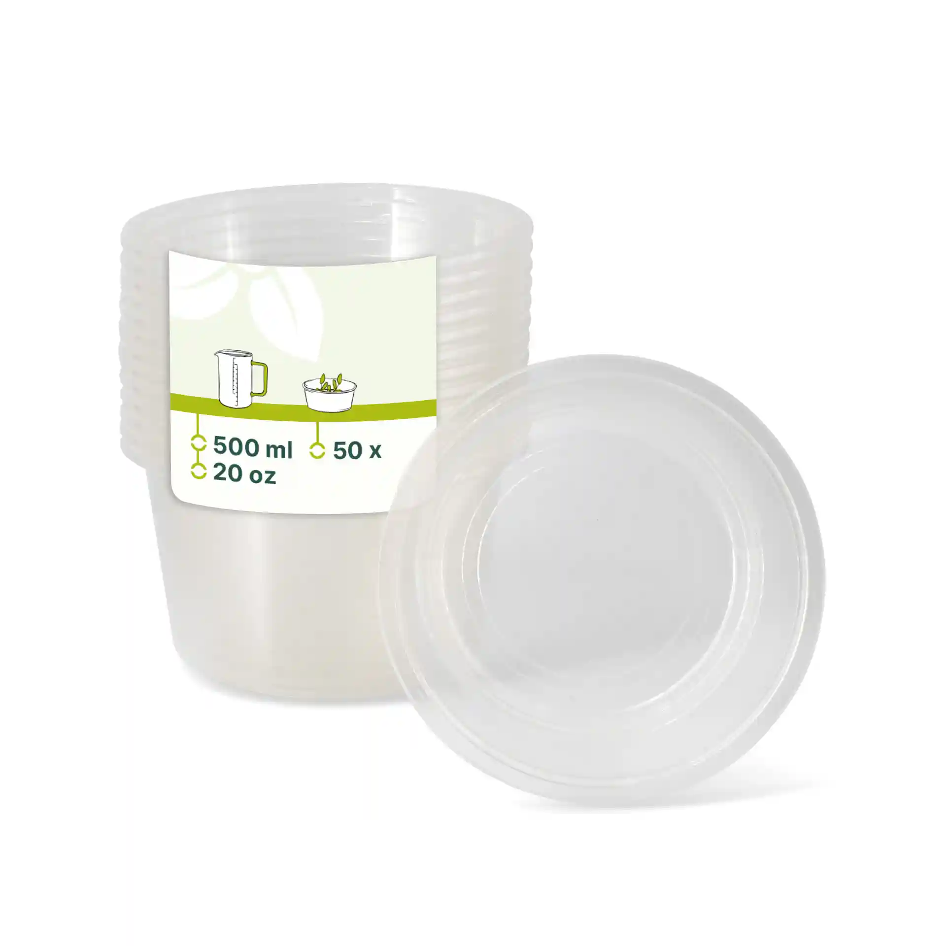 Contenitore rotondo trasparente per deli con capacità di 500 ml e diametro di 121 mm, impilato di lato.