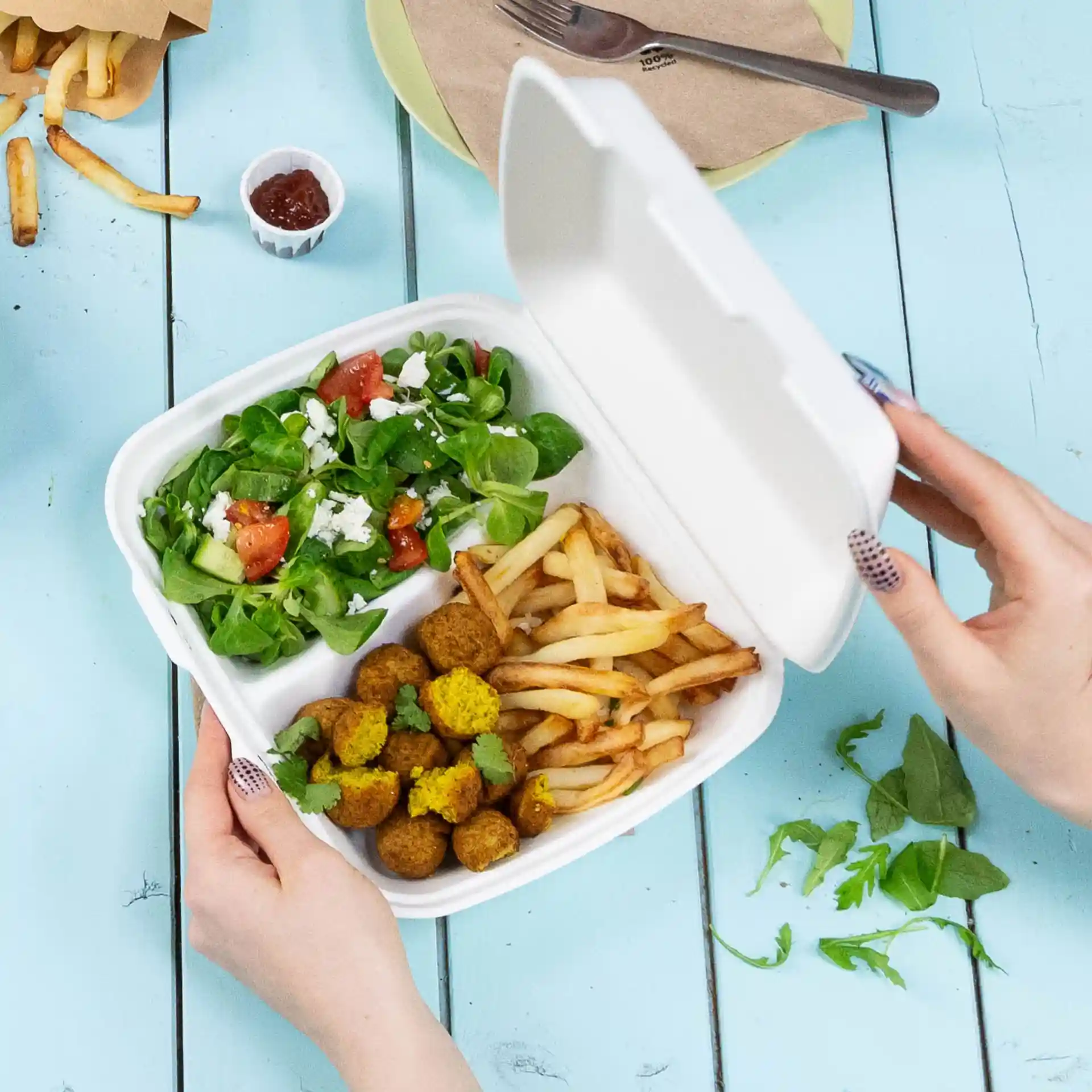 Una mano tiene un contenitore bianco con coperchio a cerniera e due scomparti, riempito di insalata, patatine e polpette di falafel.