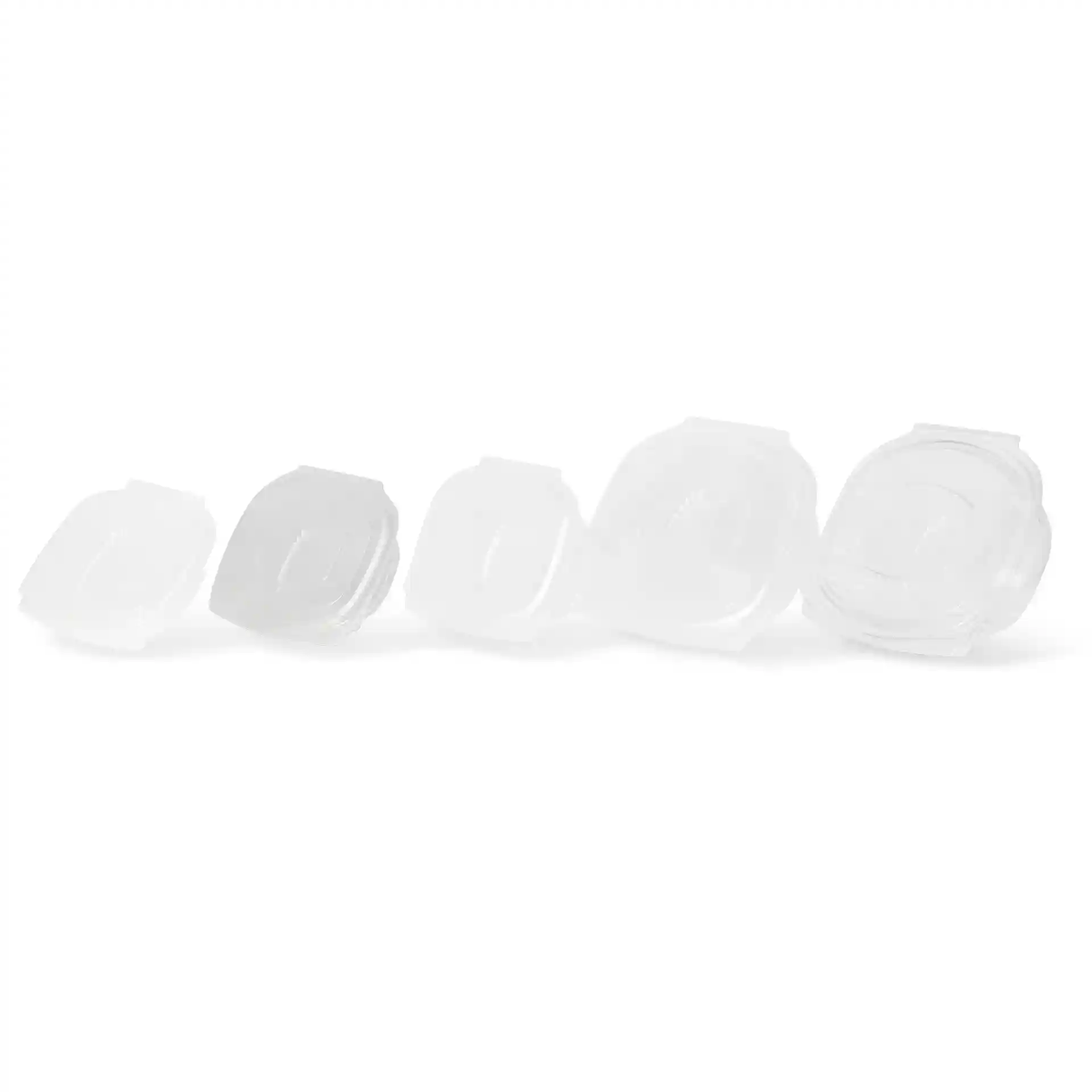 Set di ciotole rettangolari trasparenti in PLA con coperchi pieghevoli, di diverse dimensioni da piccole a grandi.