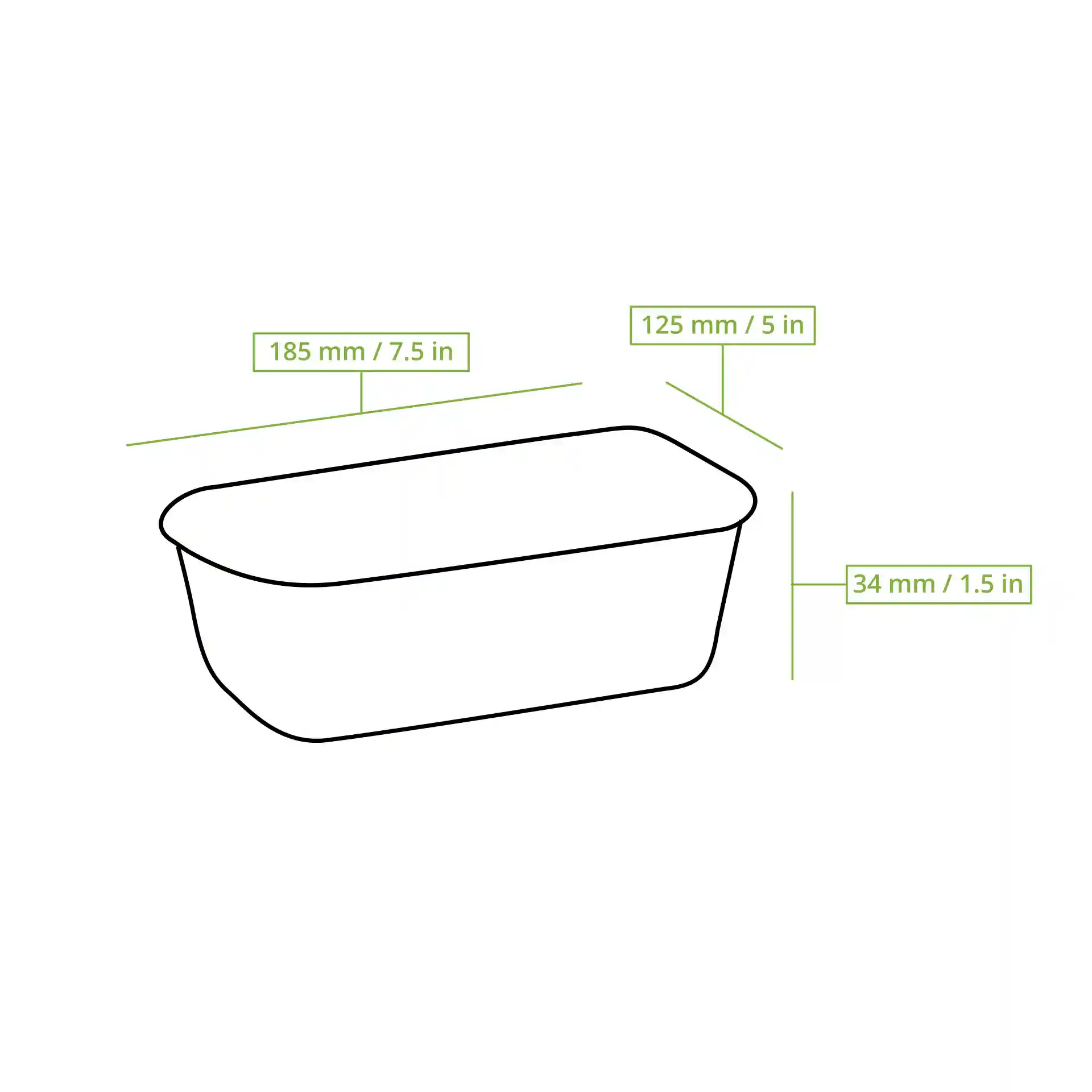Disegno schematico di un contenitore rettangolare riutilizzabile con dimensioni etichettate: 185 mm di lunghezza, 125 mm di larghezza e 34 mm di altezza.