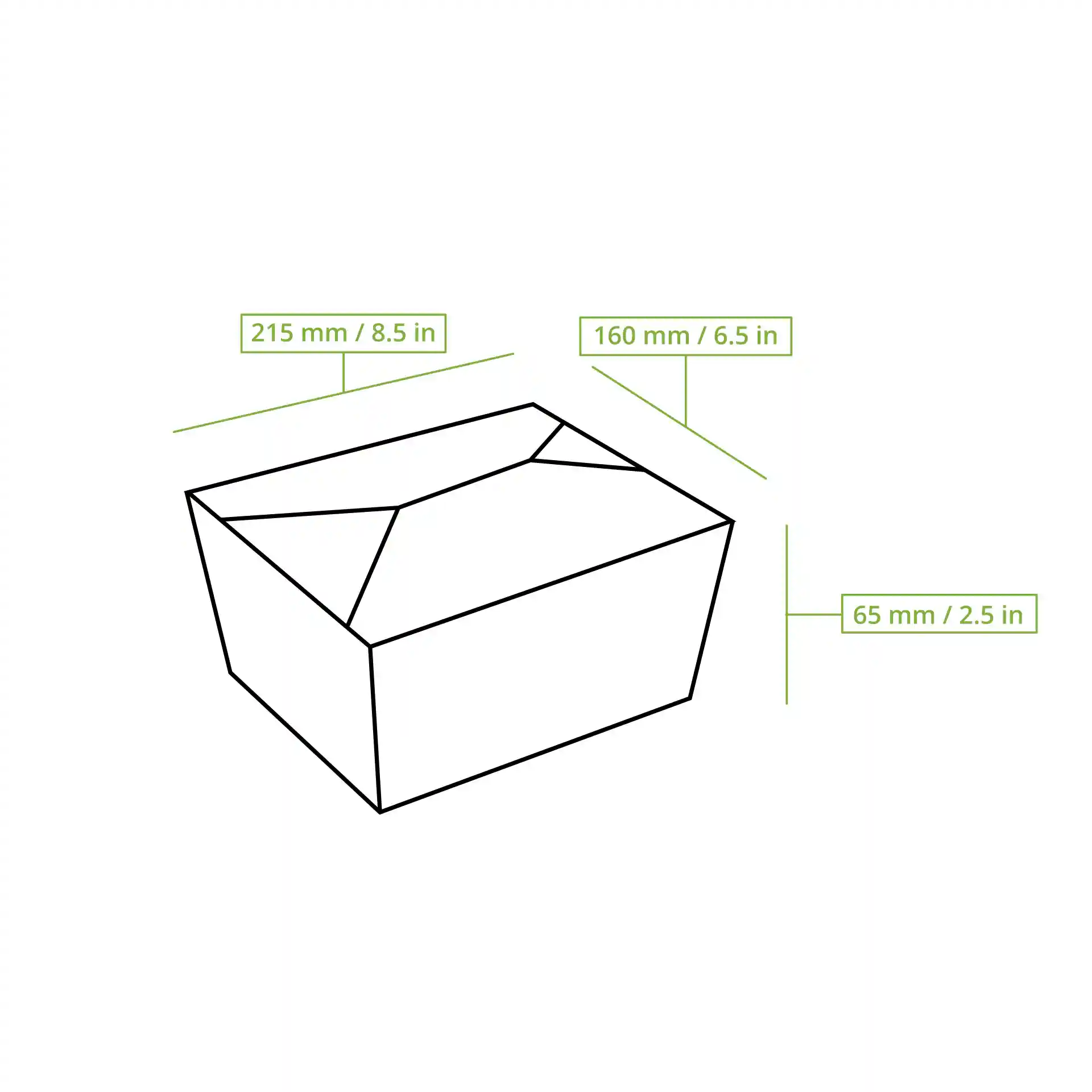 Disegno schematico di un contenitore per asporto rettangolare con linee di dimensione che indicano 215 mm di lunghezza, 160 mm di larghezza e 65 mm di altezza.