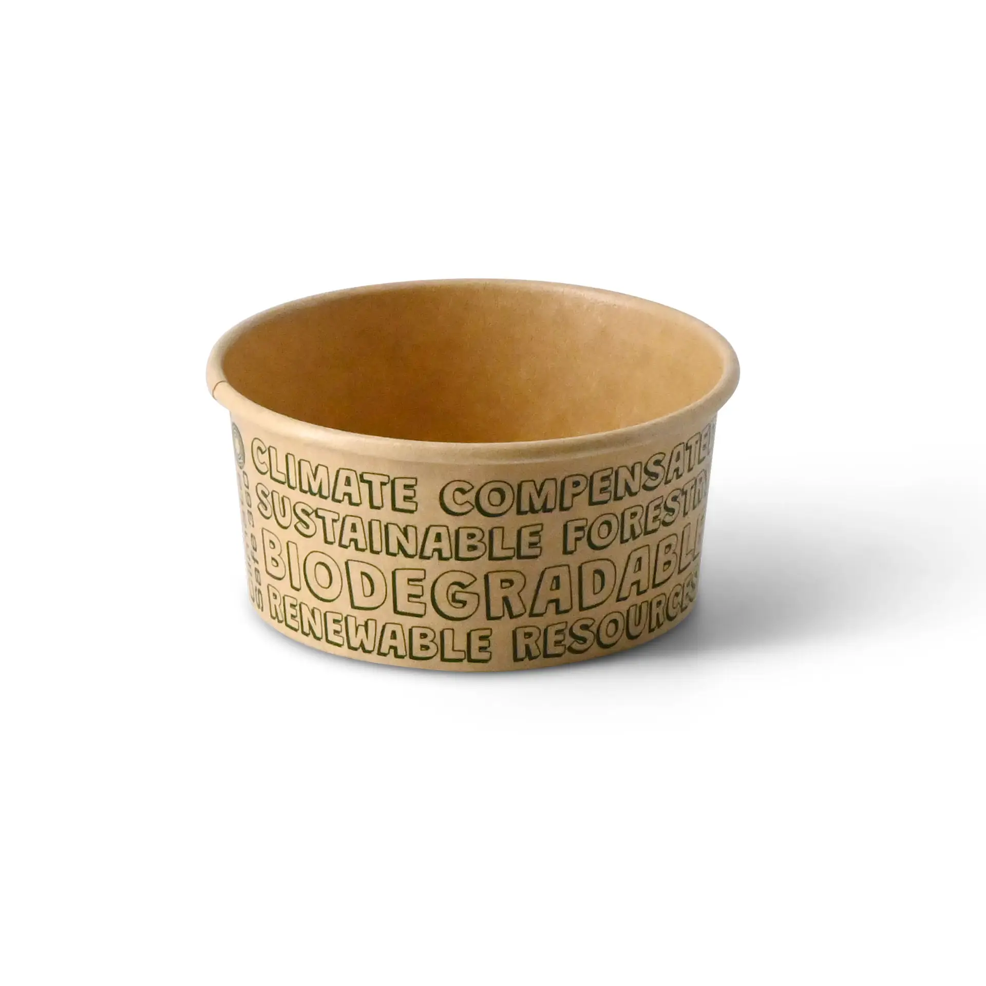 Una coppetta per gelato in carta biodegradabile marrone con stampa di sostenibilità EcoUp; presenta vari marchi eco-compatibili.