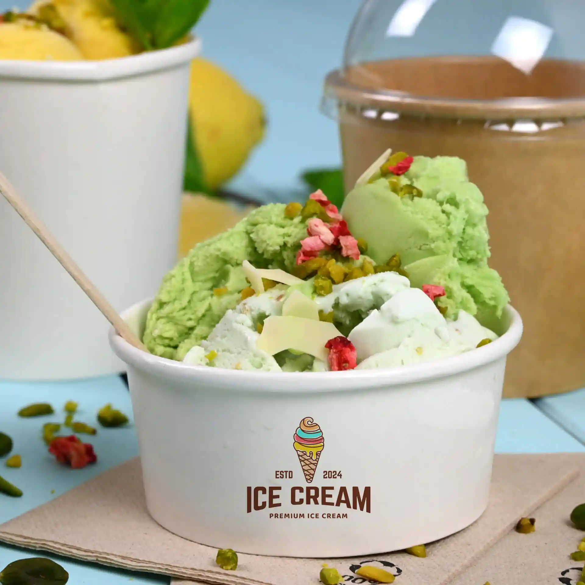 Coppa di gelato bianca riempita di gelato verde e bianco, guarnita con noci e pezzi di frutta, con un cucchiaio di legno.