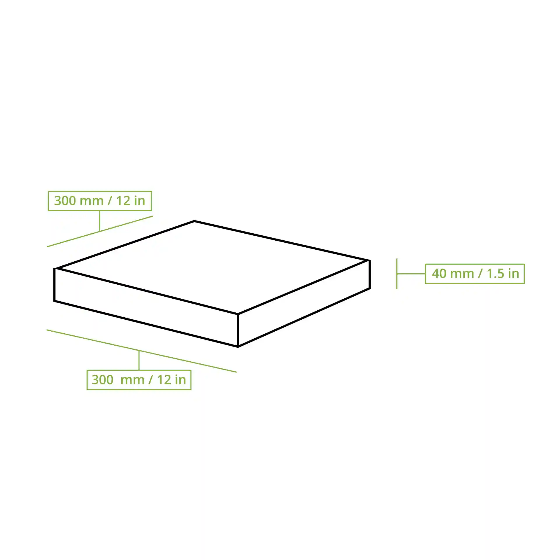 Disegno schematico di una scatola per pizza con dimensioni di 300 mm x 300 mm x 40 mm etichettato in millimetri e pollici.