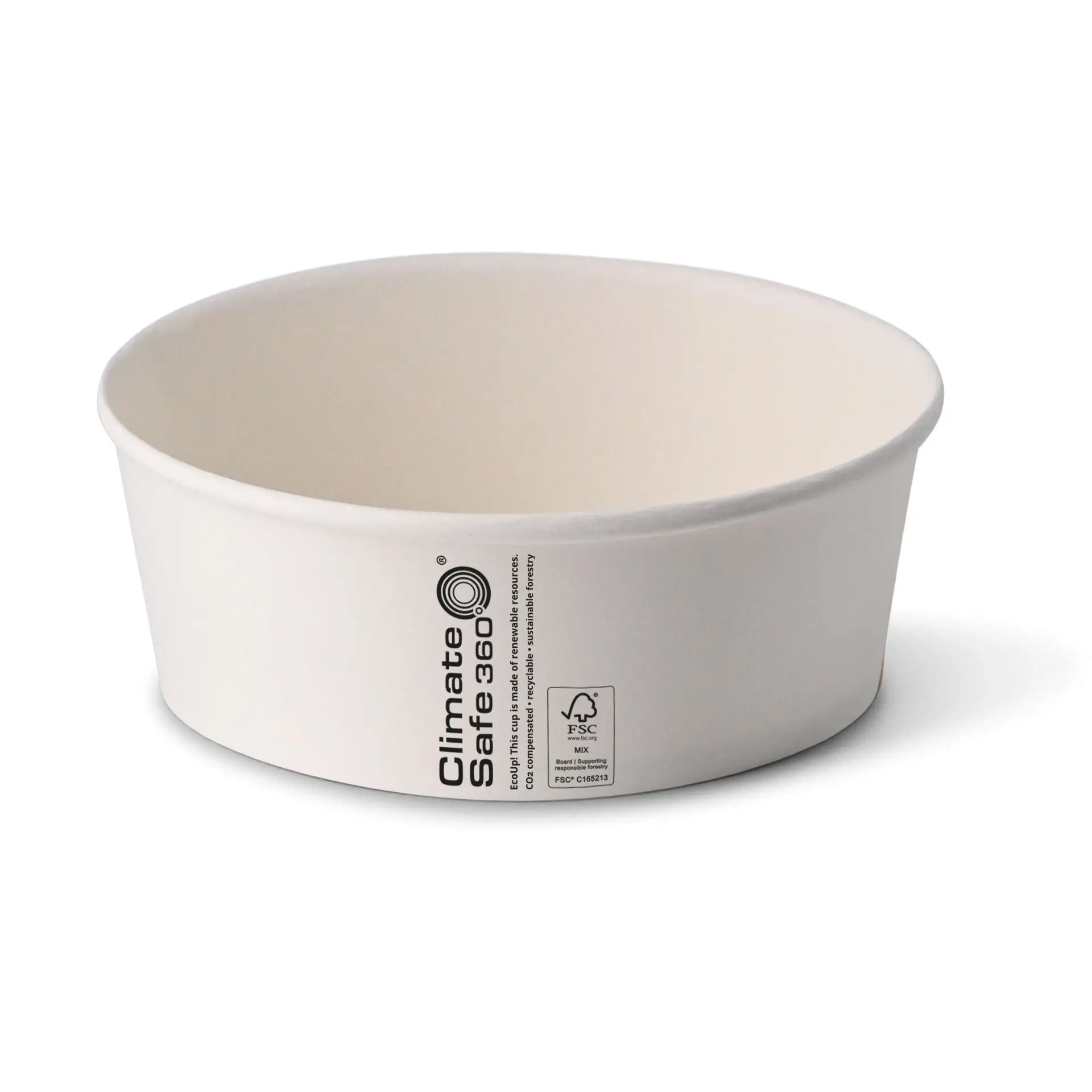 Una ciotola per insalata in carta bianca, forma rotonda, capacità di 1000 ml, con rivestimento in PE e logo Climate Safe visibile.