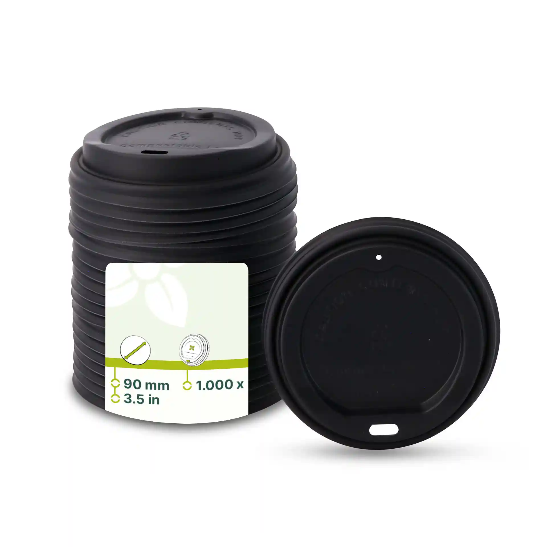 Coperchio CPLA nero con foro per bere, diametro di 90 mm, impilato con un coperchio davanti.