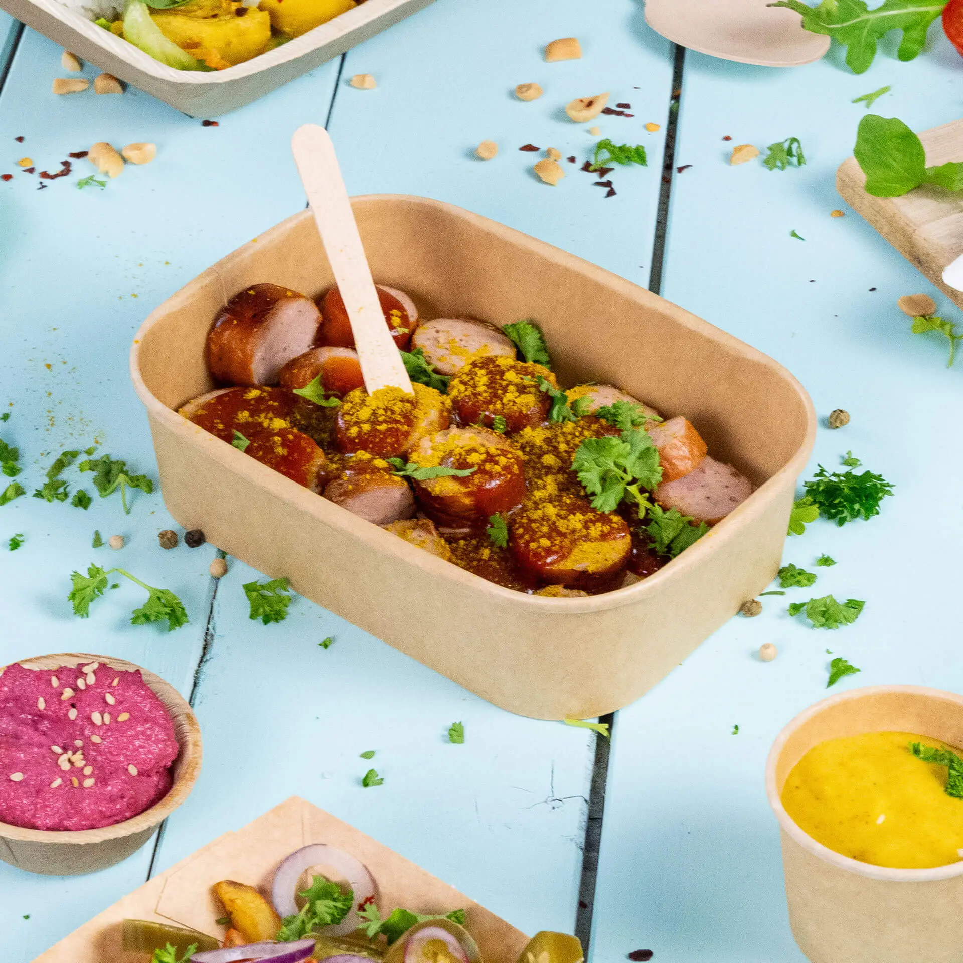Contenitore alimentare kraft rettangolare riempito con salsicce affettate, guarnito con salsa e coriandolo, servito con un cucchiaio di legno.