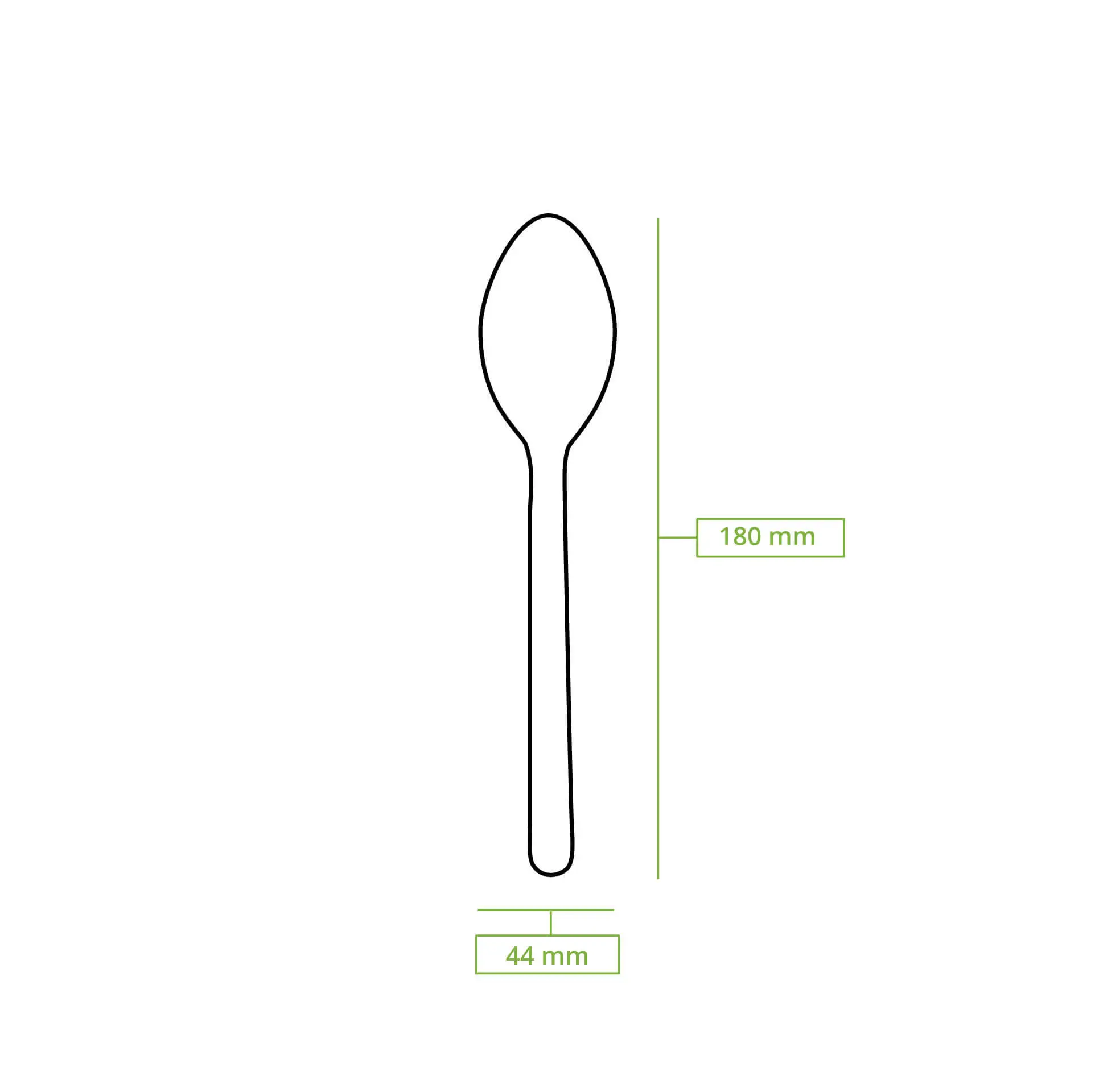 Disegno schematico di un cucchiaio di legno con dimensioni di 180 mm di lunghezza e 44 mm di larghezza.