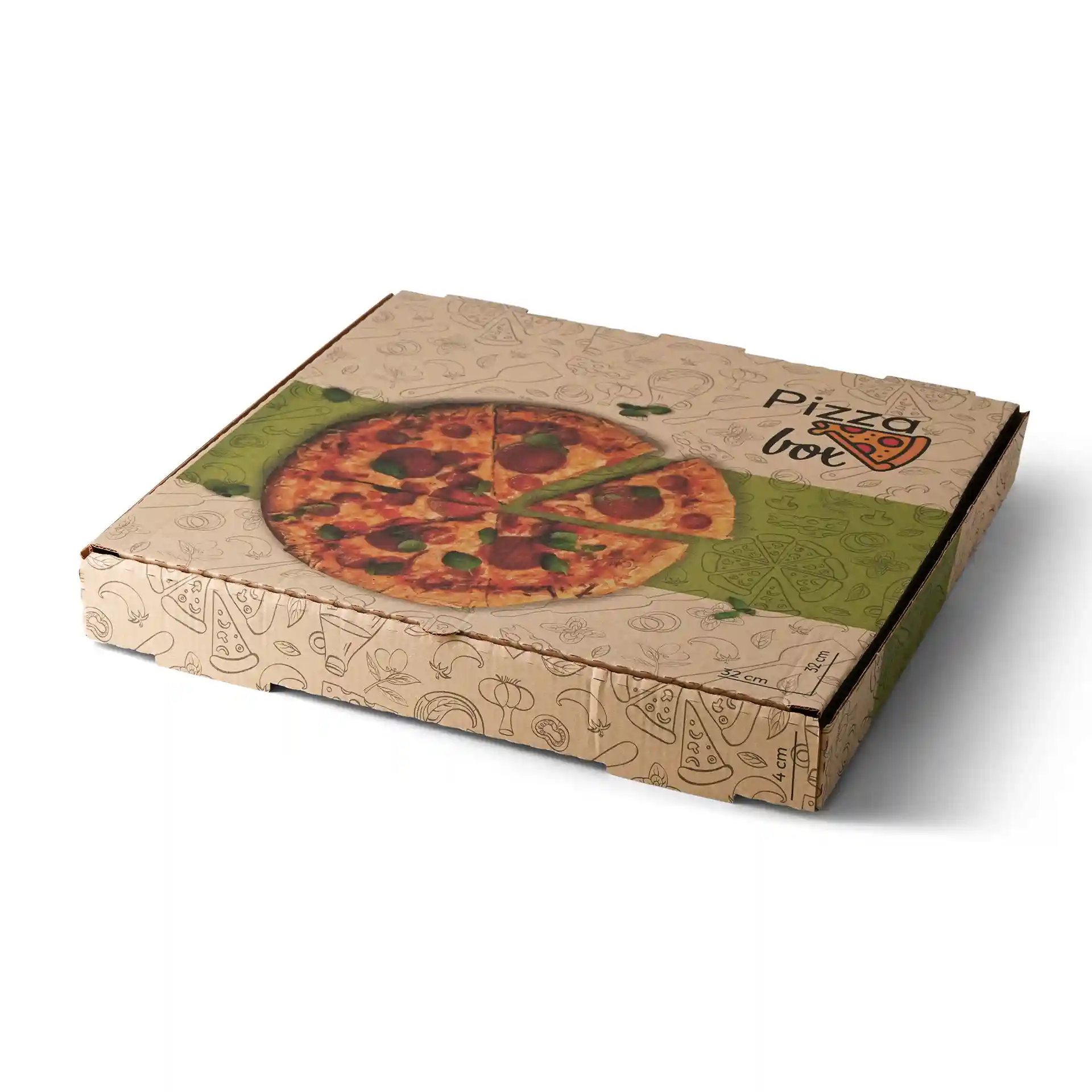 Scatola per pizza marrone con grafica di pizza sopra, misura 32 x 32 x 4 cm, con illustrazioni di cibo decorative.