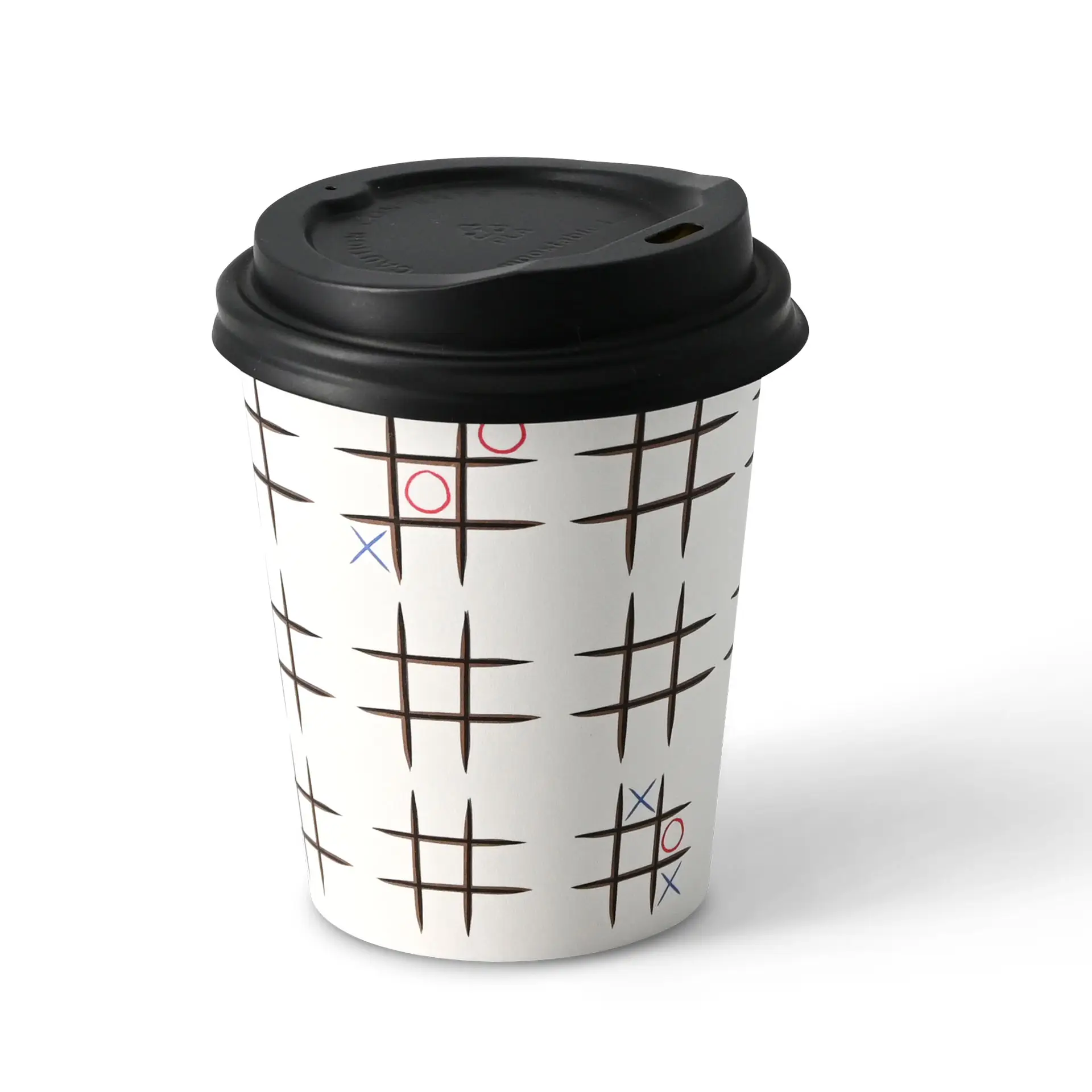 Pappbecher bedruckt "Tic Tac Toe" 200 ml / 8 oz, Ø 80 mm, weiß