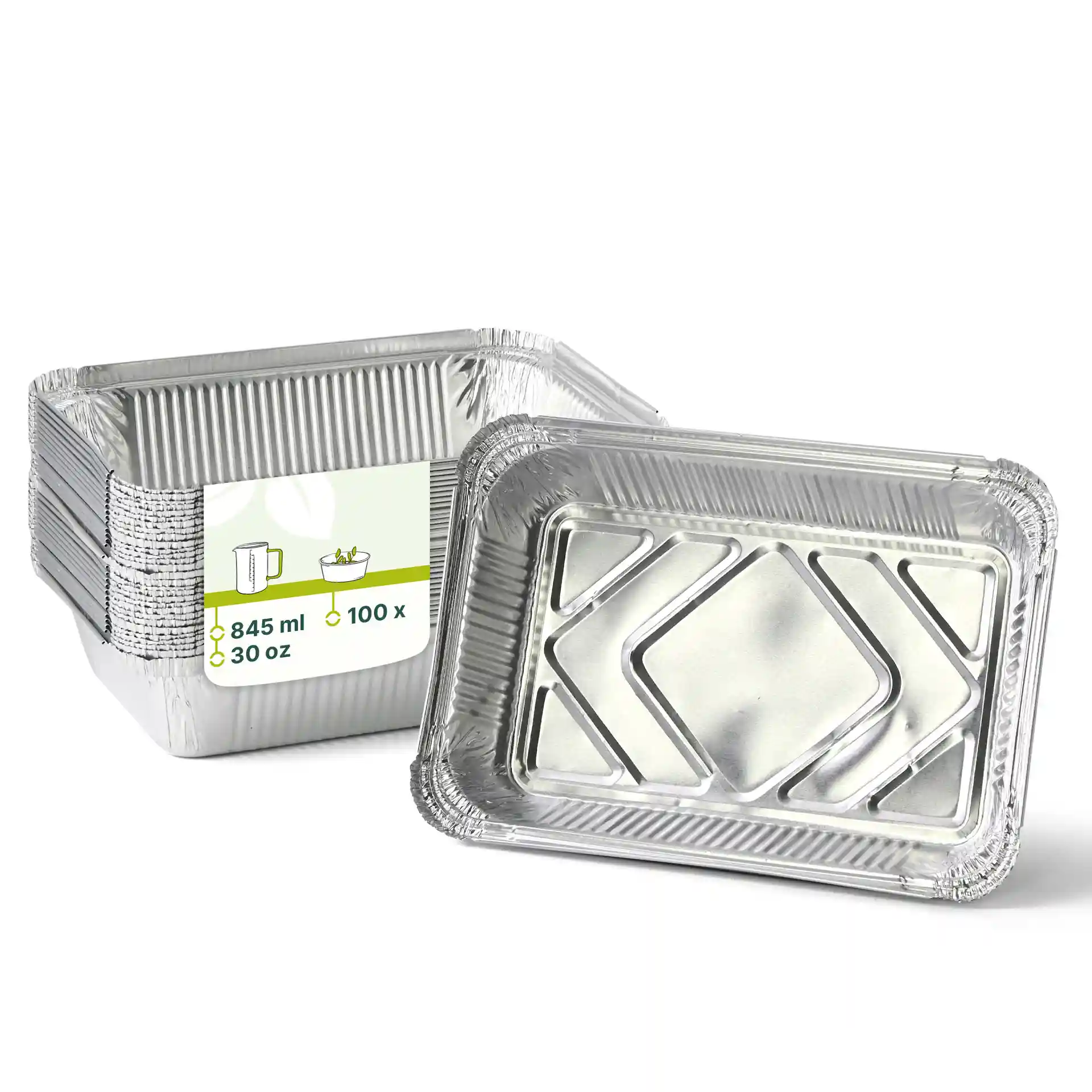 Contenitori in alluminio rettangolari con capacità di 845 ml, misurano 21,4 x 14,9 x 4,3 cm, impilati con etichetta.