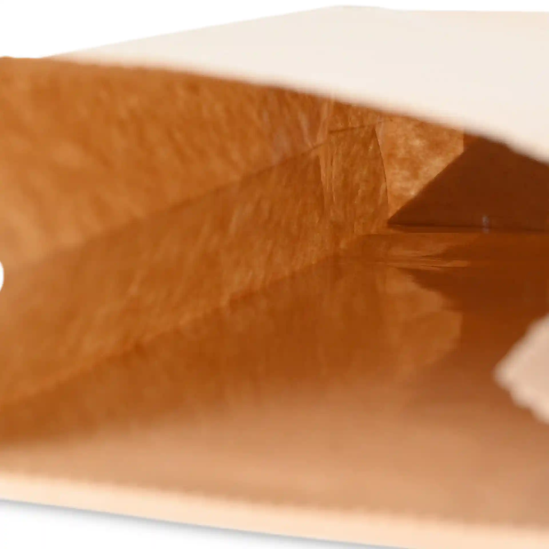 Vista interna di una borsa in carta kraft marrone con fondo a blocco e chiusura in metallo, che mostra la profondità e la texture della borsa.