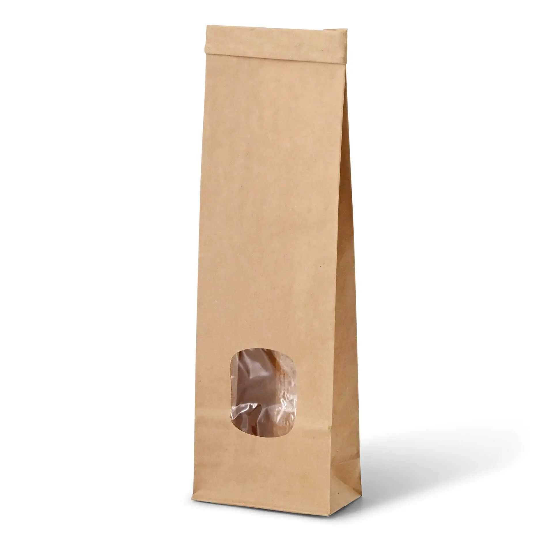 Sacchetto di carta marrone con fondo bloccato e finestra, 7,5 x 4,5 x 24 cm, realizzato in carta kraft da 65 gsm per beni aromatici sfusi.