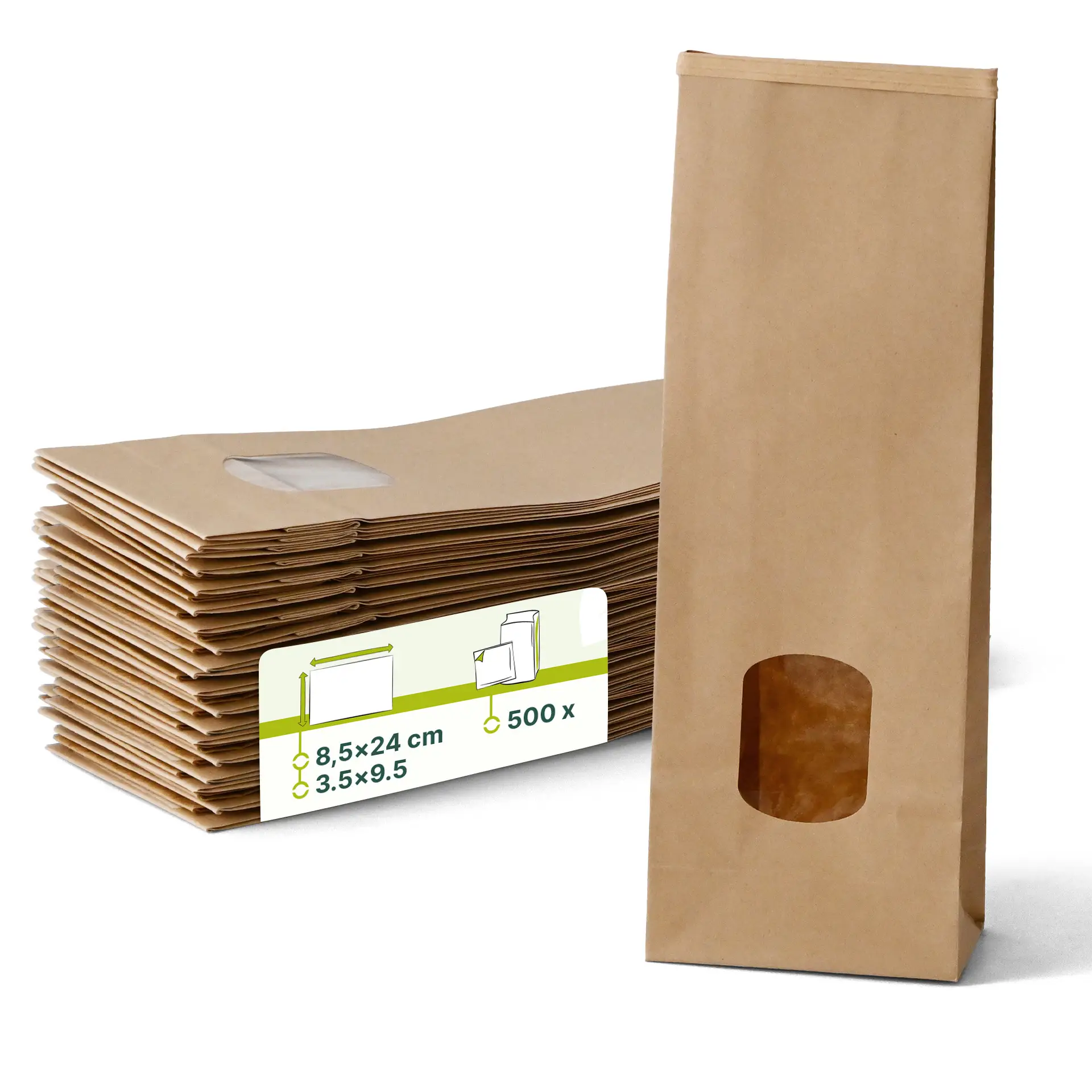 Busta in carta kraft marrone con fondo piatto e finestra trasparente, misura 8,5 x 5 x 24 cm.