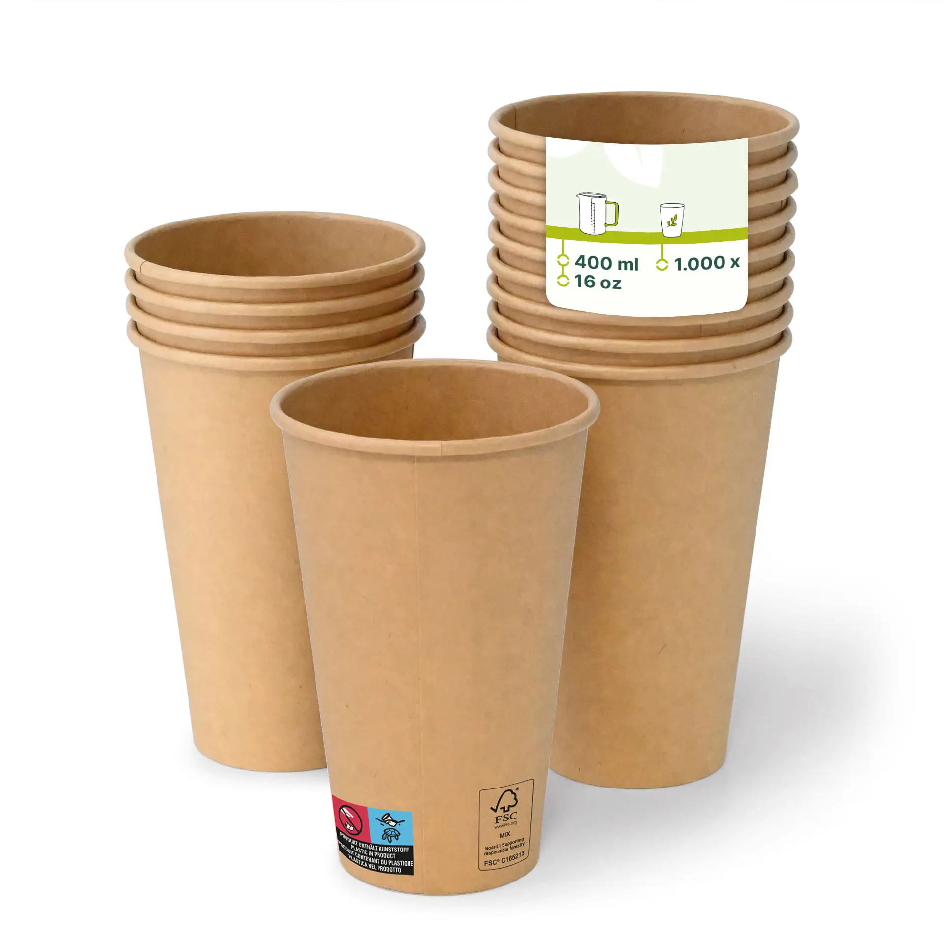 Bicchieri di carta marroni impilati, con un bicchiere davanti che mostra un'etichetta di 400 ml e 16 oz.