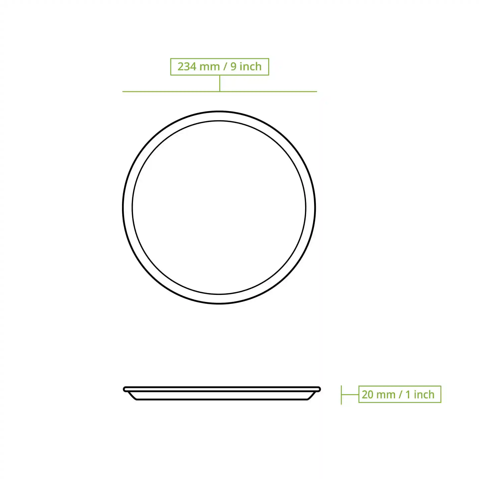 Disegno schematico di un piatto rotondo in foglia di palma con un diametro di 234 mm e un'altezza di 20 mm.