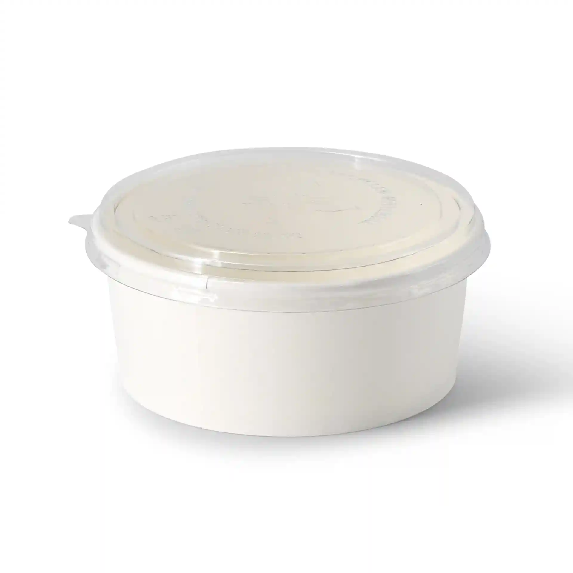 Ciotola rotonda in cartone bianco con coperchio trasparente, diametro di 150 mm e altezza di 60 mm, capacità di 750 ml.