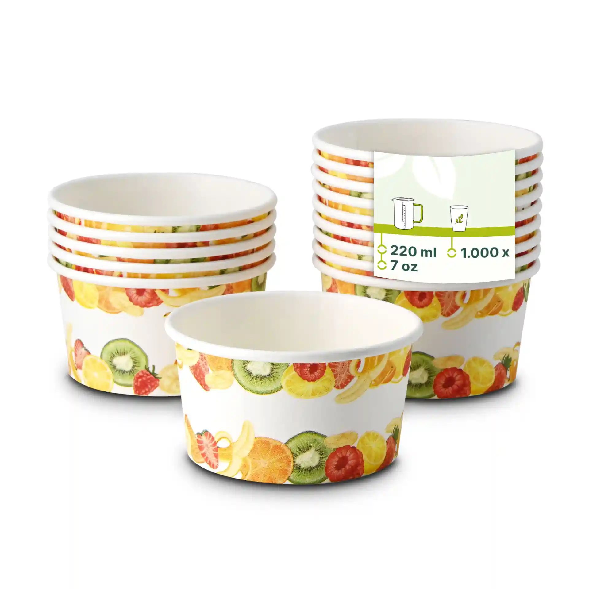 Pila di bicchieri di carta con stampa di frutta, un bicchiere davanti e diversi dietro su sfondo bianco.