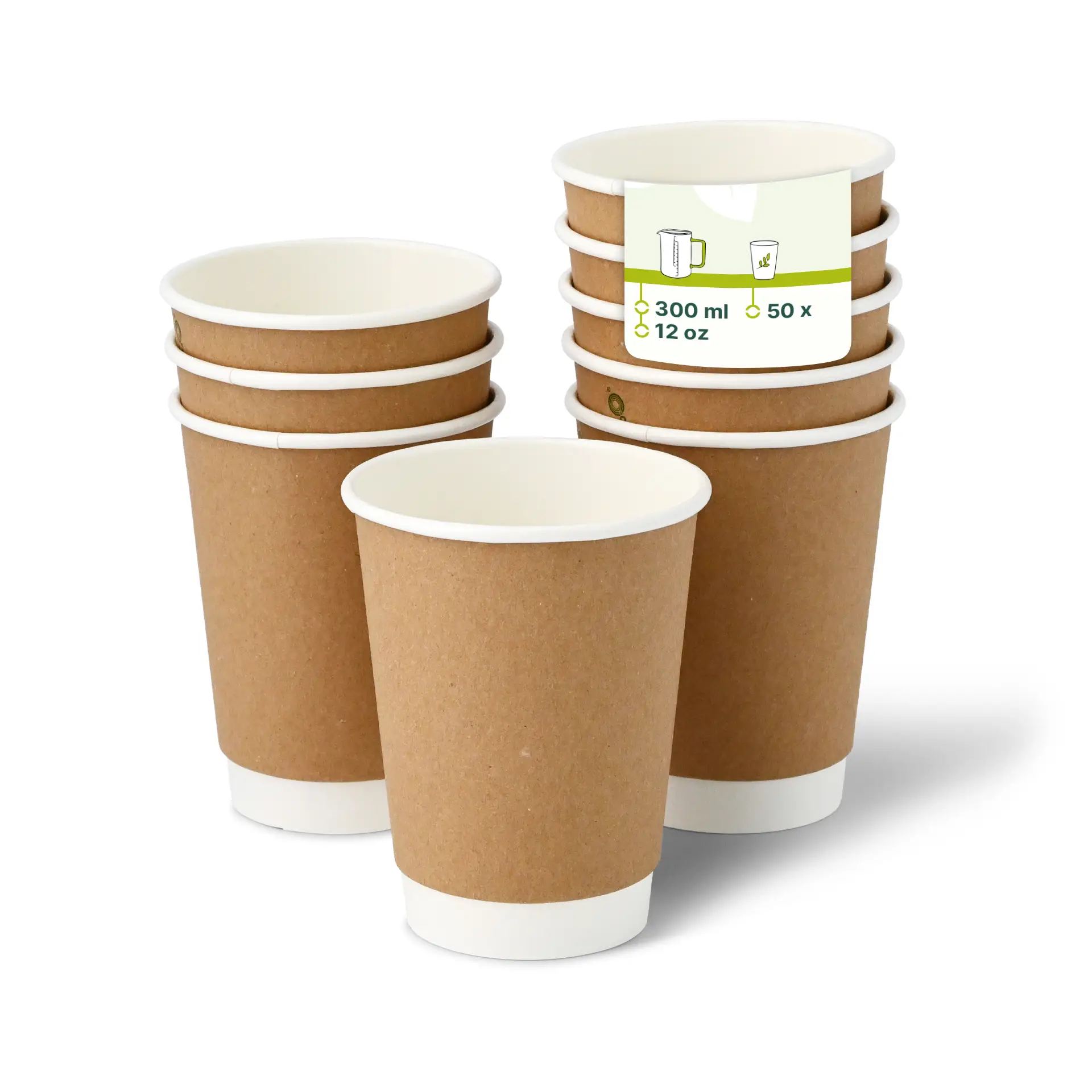 Una tazza da caffè marrone con doppia parete e interno bianco, circondata da diverse tazze simili e un'etichetta prodotto in cima.