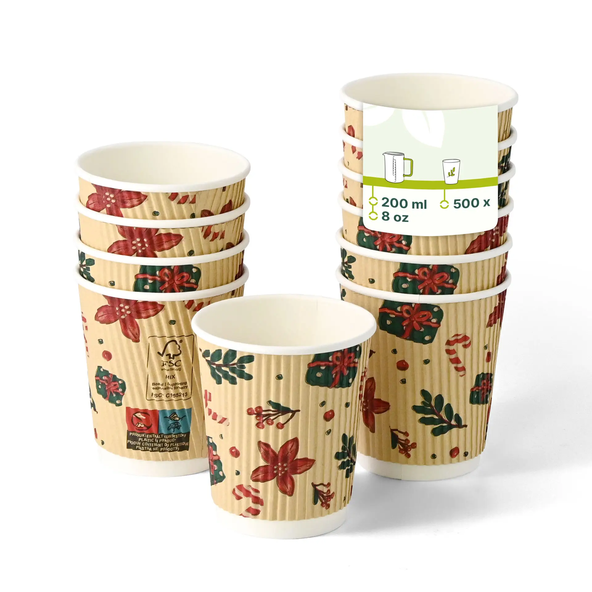 Bicchiere Ripple con design invernale, capacità di 200 ml, colore marrone, impilato con diversi bicchieri visibili.