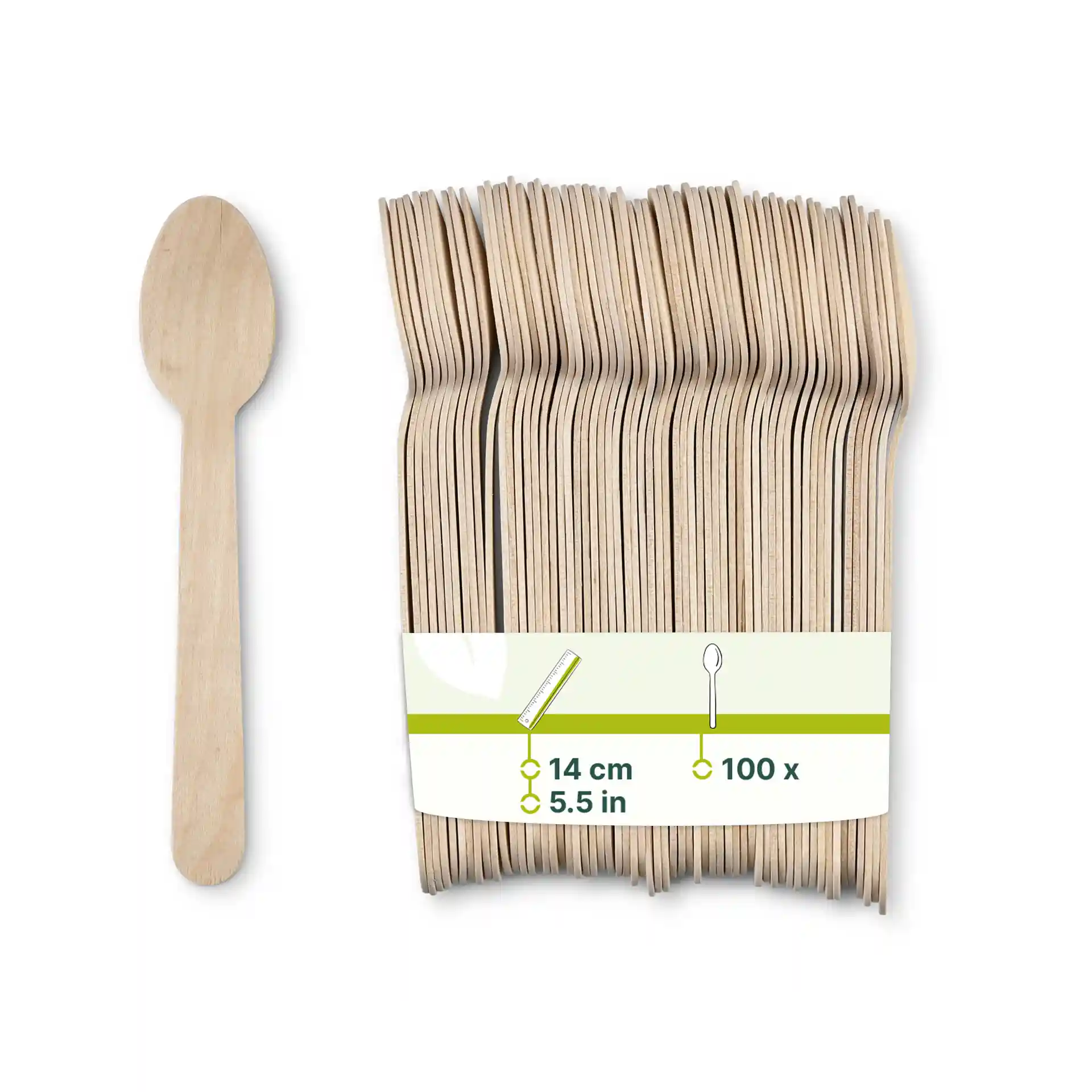 Cucchiai di legno in confezione da 100, ciascuno lungo 14 cm, mostrati con un cucchiaio accanto al pacco.