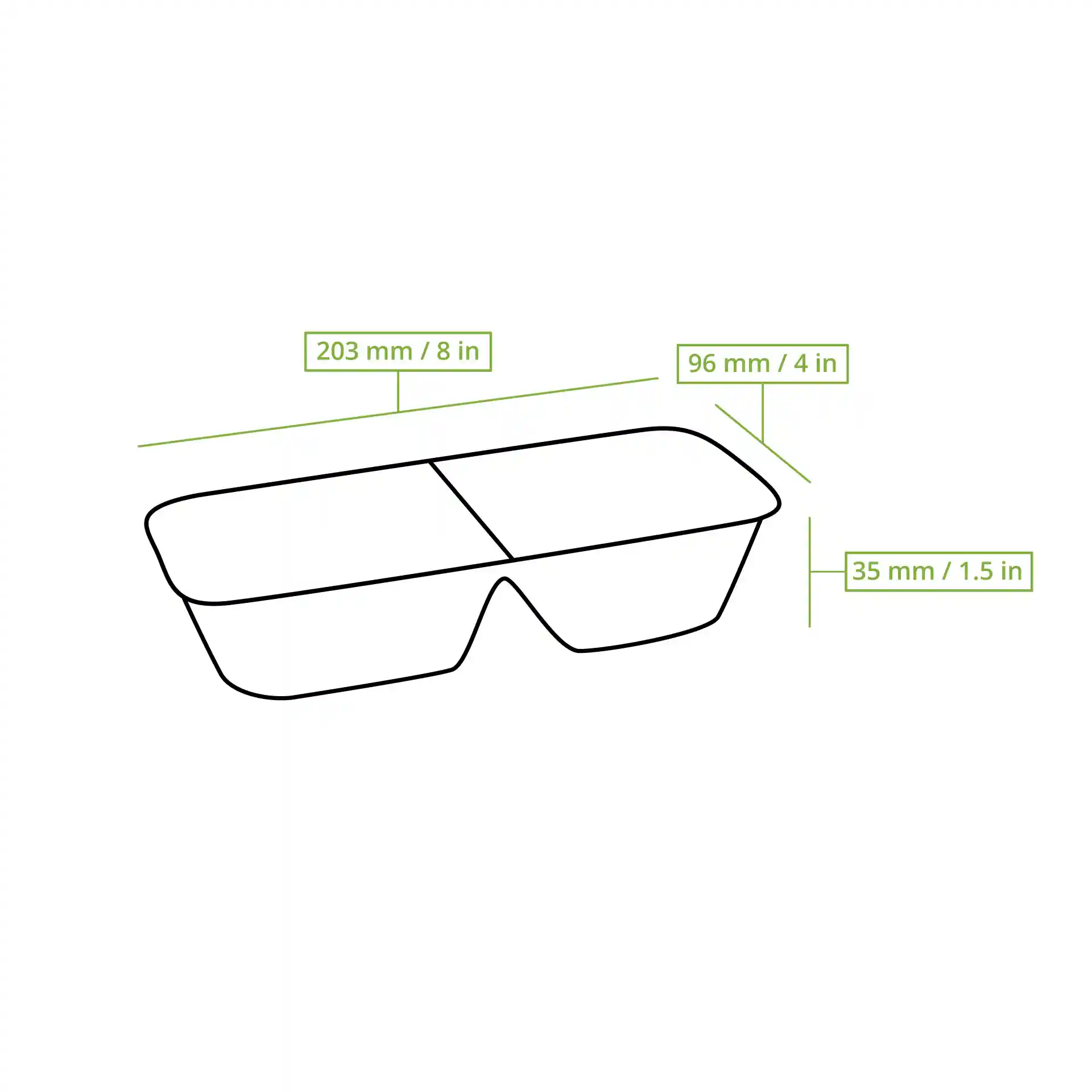 Disegno schematico di un vassoio rettangolare per chip di bagassa con due scomparti e linee di dimensione che indicano la grandezza.