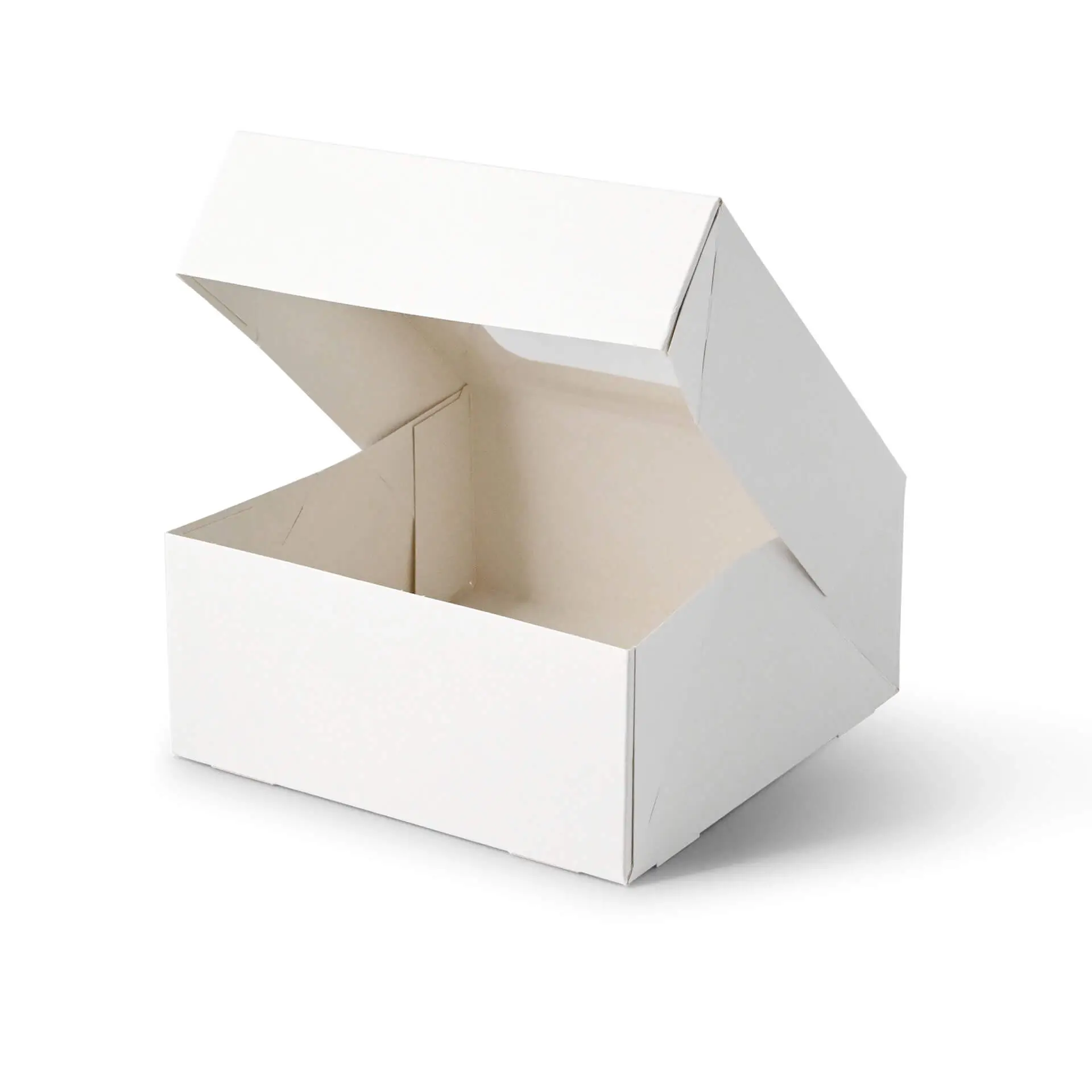 Scatola bianca per cupcake con parte superiore aperta, progettata per contenere quattro cupcake o dolci, con una finestra in cellulosa.