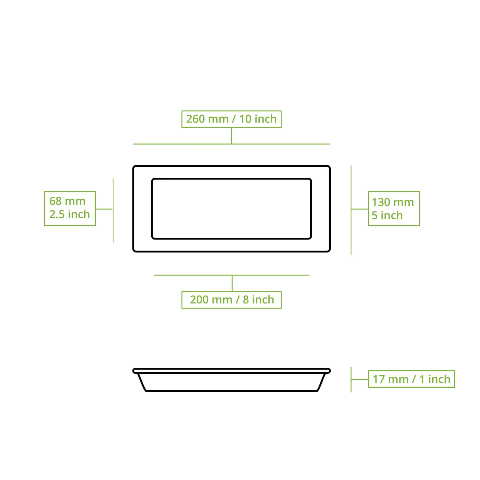 Piatto rettangolare bianco in canna da zucchero; dimensioni 26 cm x 13 cm, biodegradabile e adatto per cibi caldi e freddi.