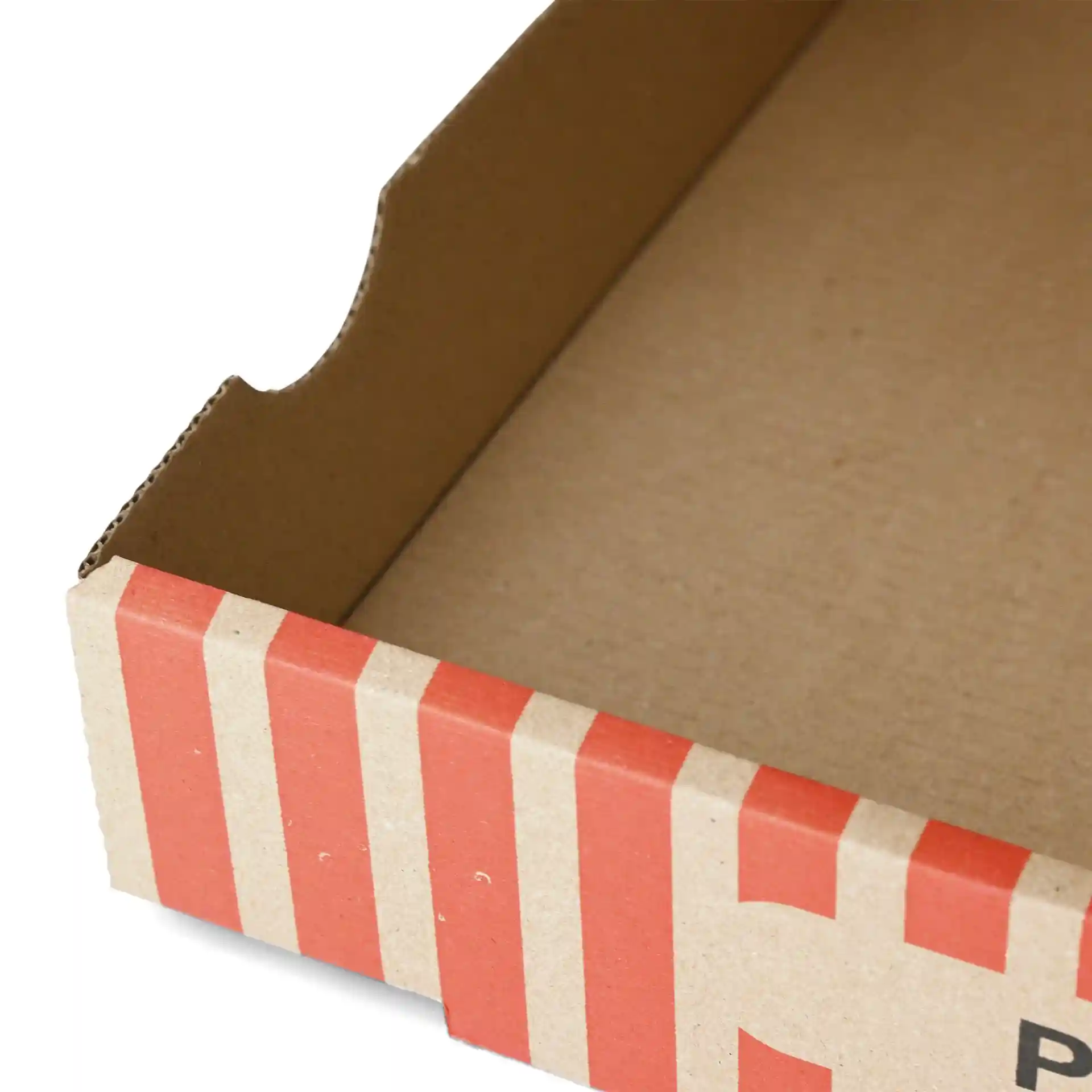 Scatola per pizza in cartone con interno marrone e design a righe rosse, misura 26 x 26 x 4 cm.