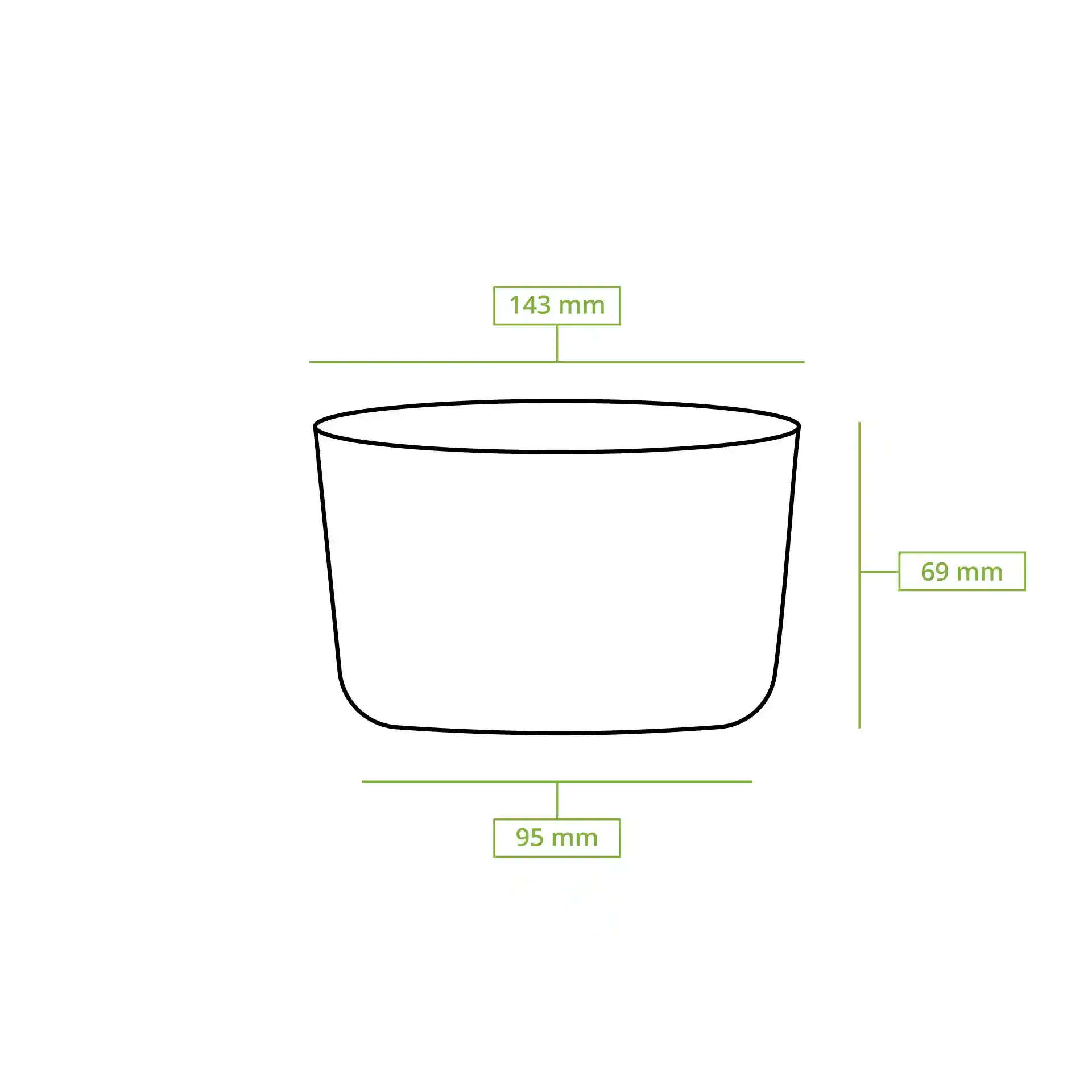 Disegno schematico di un contenitore rotondo con dimensioni: altezza 69 mm, diametro superiore 143 mm, diametro inferiore 95 mm.