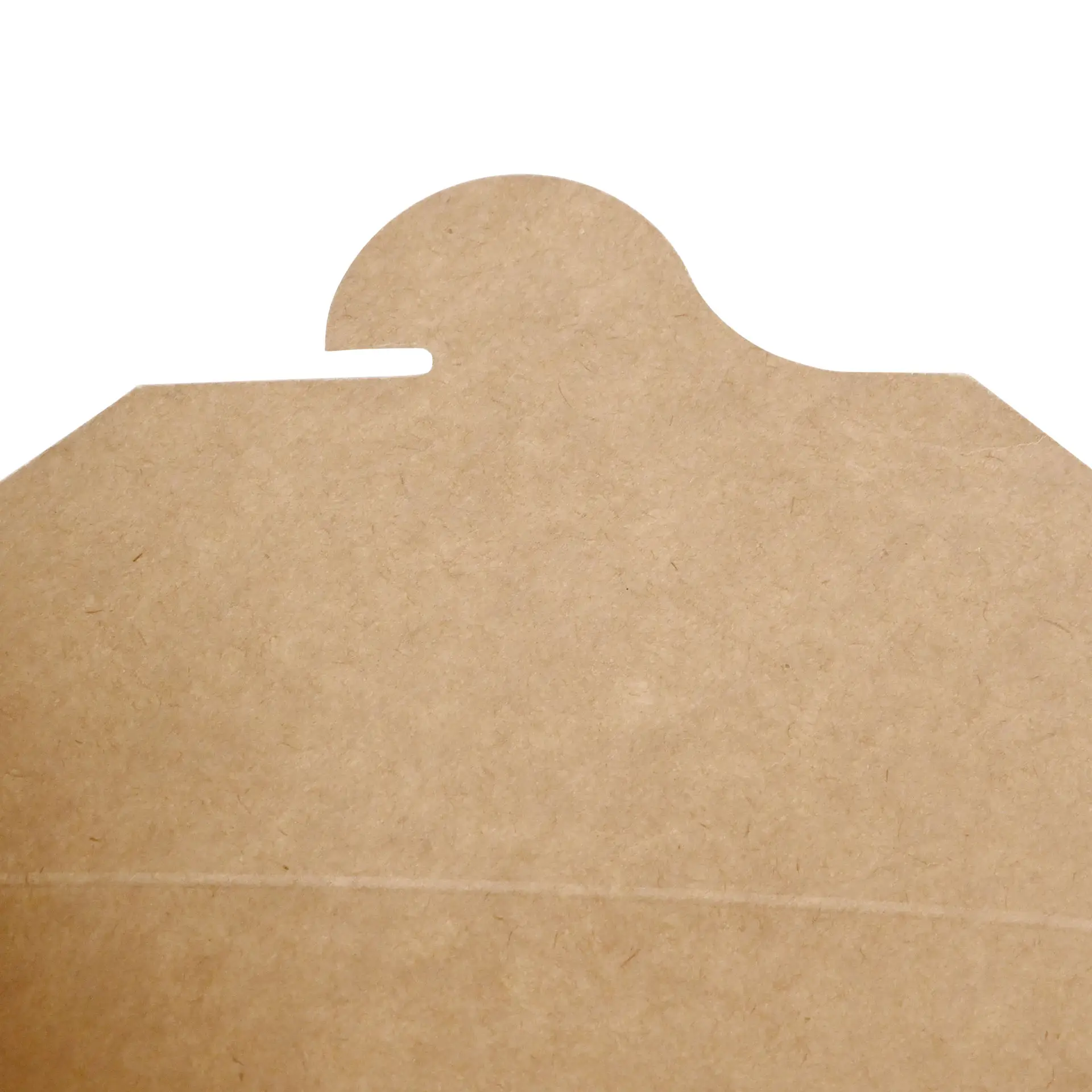 Coperchio di scatola per asporto in cartone marrone con design pieghevole e sezione sagomata; adatto per vari alimenti.