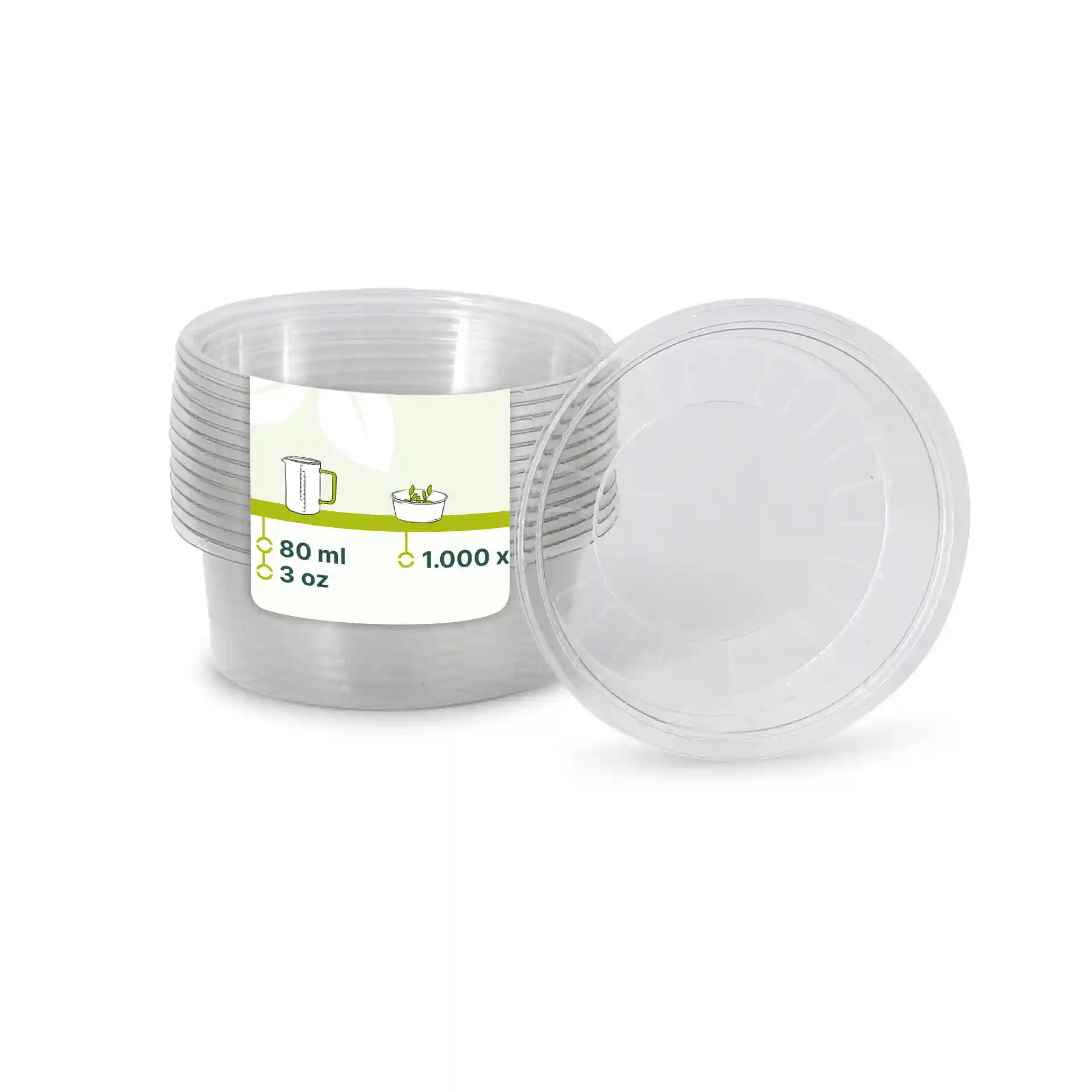 Vasetto per dip in rPET trasparente con un diametro di 75 mm e un'altezza di 26 mm, mostrato con coperchio e etichetta.