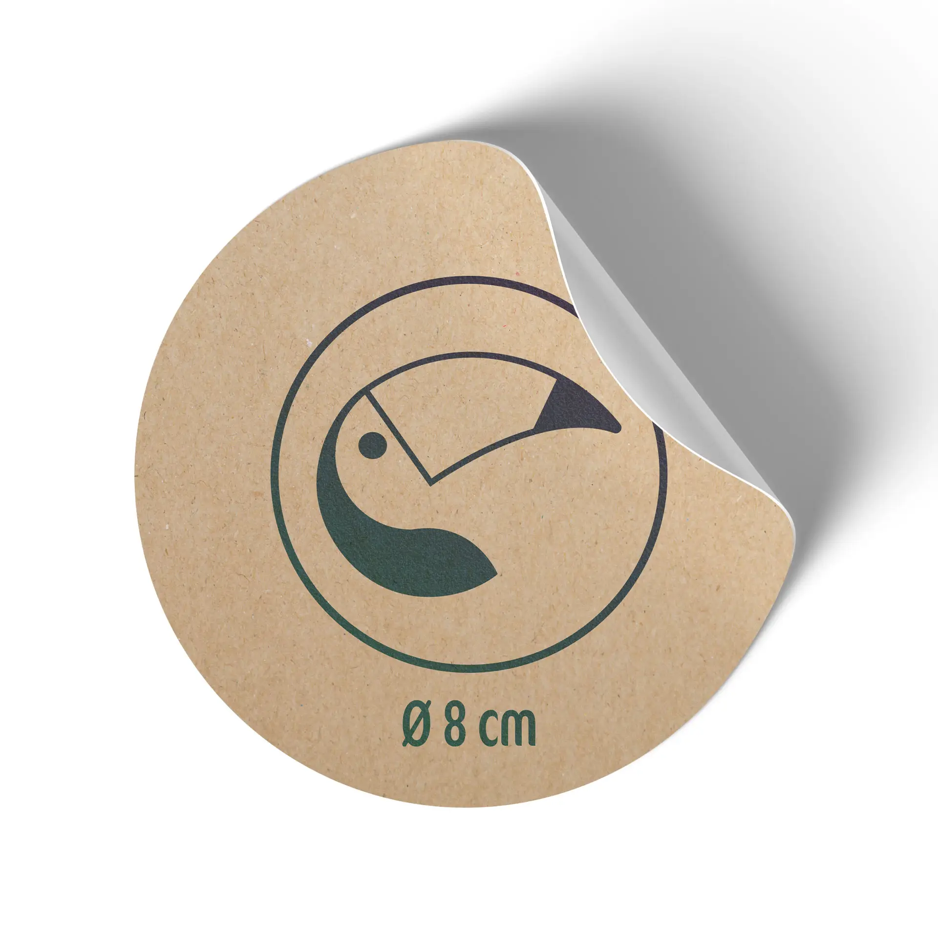 Etichetta rotonda marrone opaca con design di uccello, diametro 8 cm, stampata su carta kraft da 70 g.
