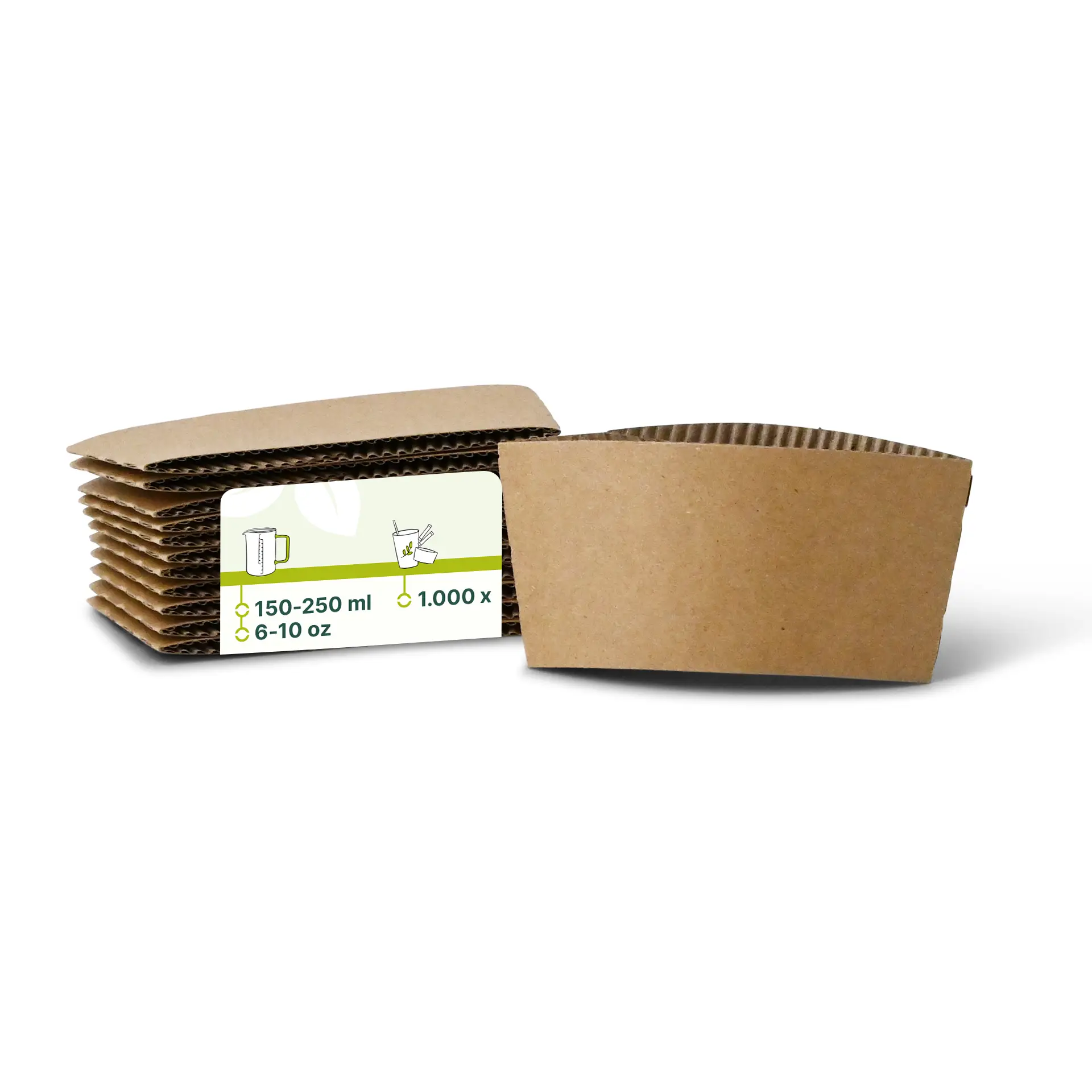 Maniche in cartone marrone per bicchieri di carta da 150-250 ml, impilate con una manica parzialmente aperta.