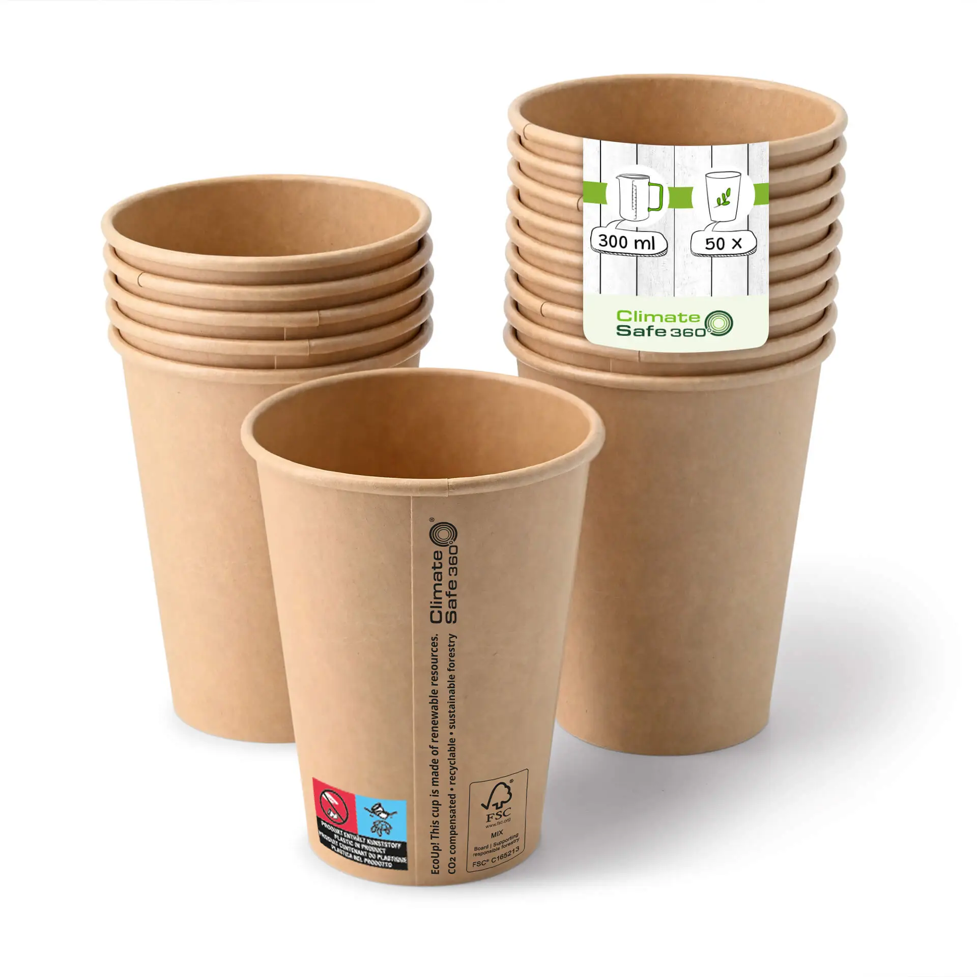 Un bicchiere di carta marrone a fuoco con diversi bicchieri impilati dietro; due bicchieri mostrano un'etichetta con i dettagli del prodotto.