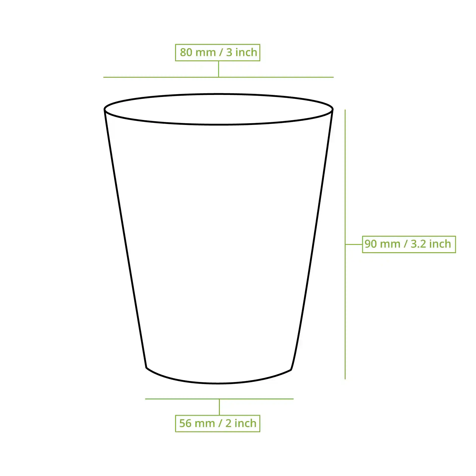 Disegno schematico di un bicchiere con dimensioni: altezza 90 mm, diametro superiore 80 mm, diametro base 56 mm.