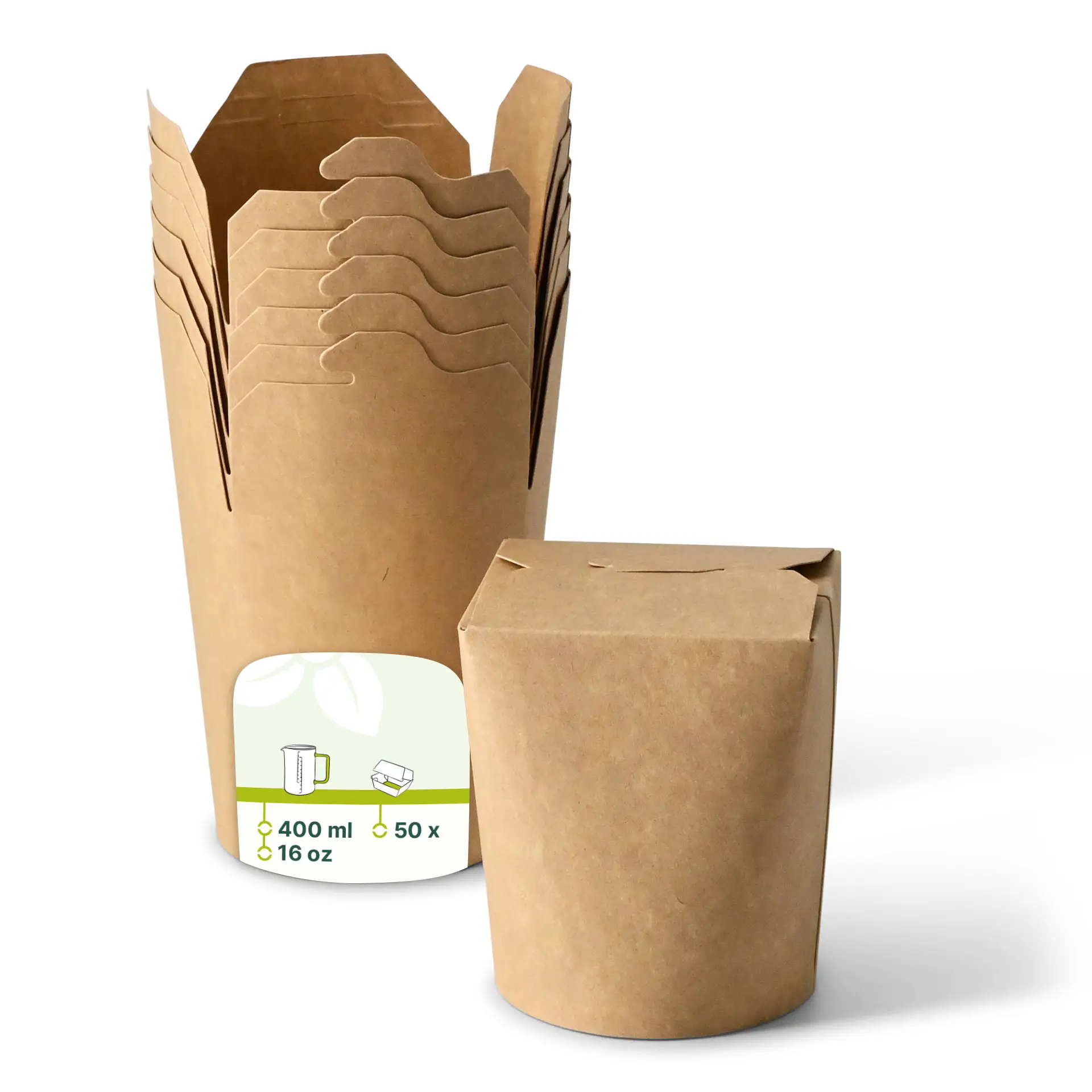 Una scatola per noodles in carta kraft marrone con design a prova di perdita; diverse scatole simili impilate dietro, con rivestimento ecologico.