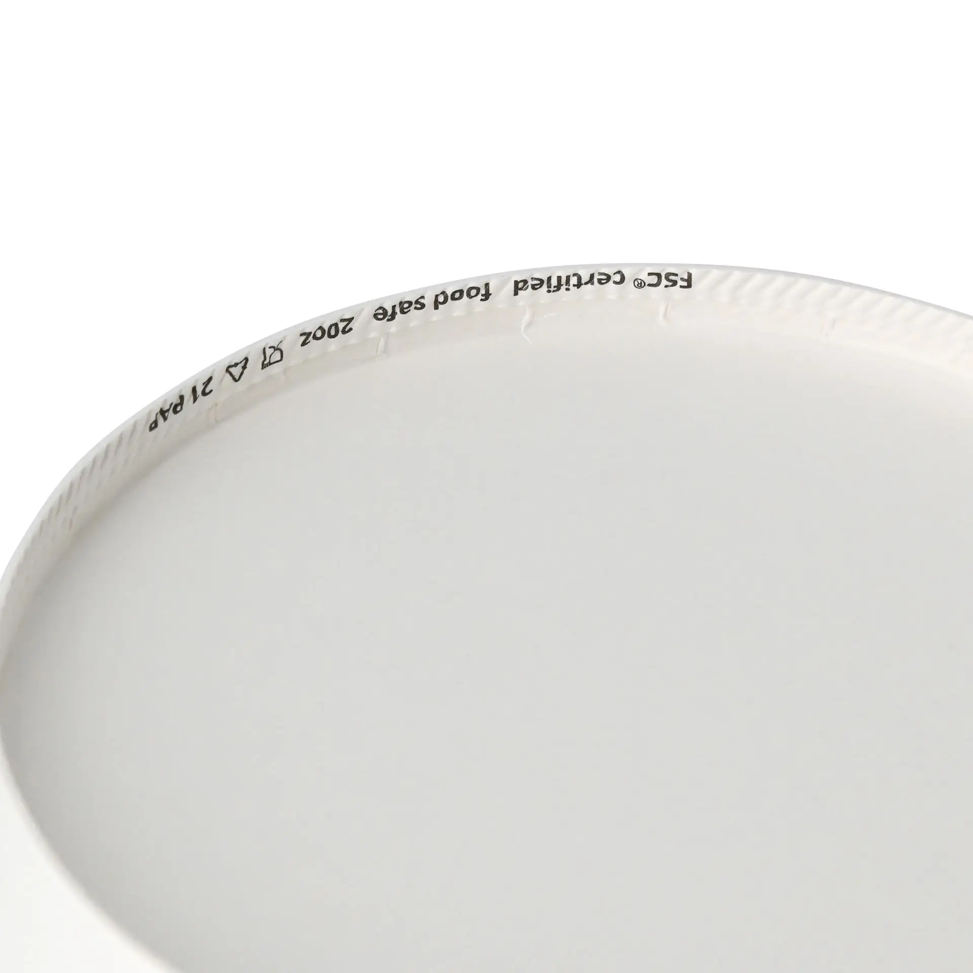 Bowl di carta bianca per insalata, 400 ml, rotonda con rivestimento in PE; adatta per piatti caldi e freddi; marchi di certificazione sul bordo.