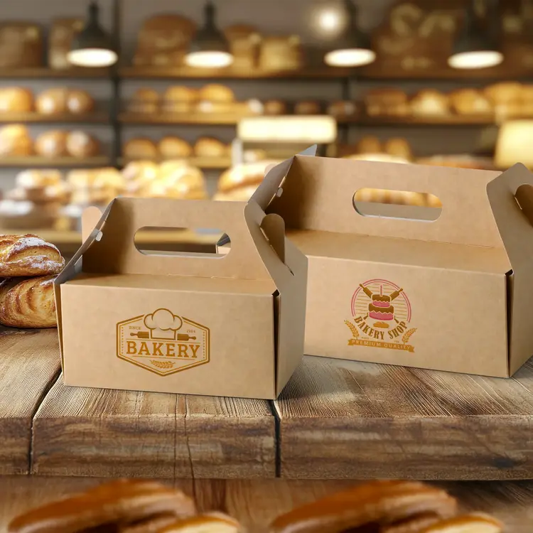 Due scatole da forno con manici, una etichettata "PANIFICIO" e l'altra "NEGOZIO DI PASTICCERIA", su una superficie di legno con dolci sullo sfondo.