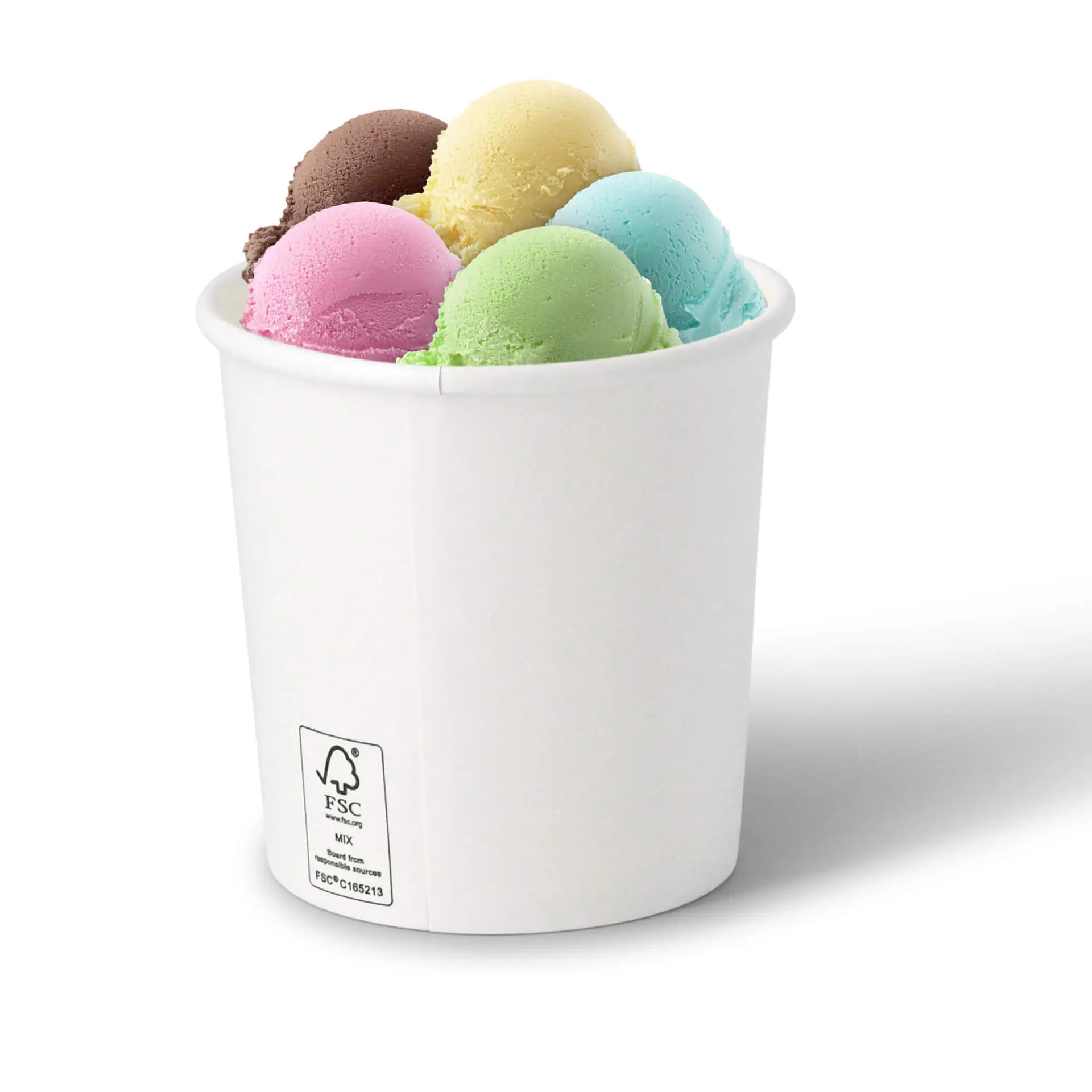 Sei palline di gelato colorate in un contenitore di carta biodegradabile bianco con barriera a base d'acqua e certificazione FSC.