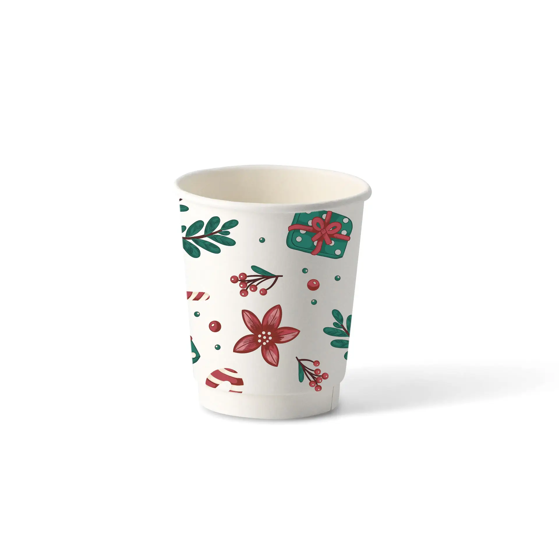 Tazza da caffè bianca a doppia parete con design invernale che presenta fiori, foglie e regali. Capacità di 200 ml.