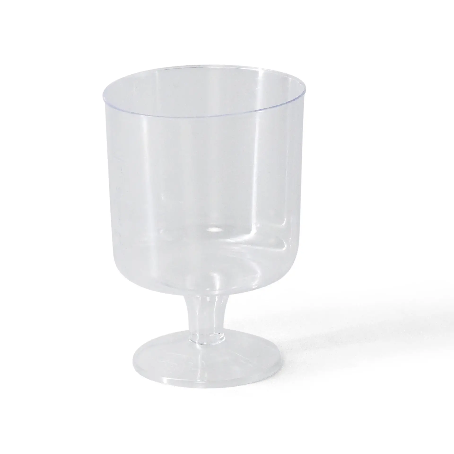Bicchiere da vino riutilizzabile trasparente con capacità di 200 ml, base rotonda e altezza di 100 mm.