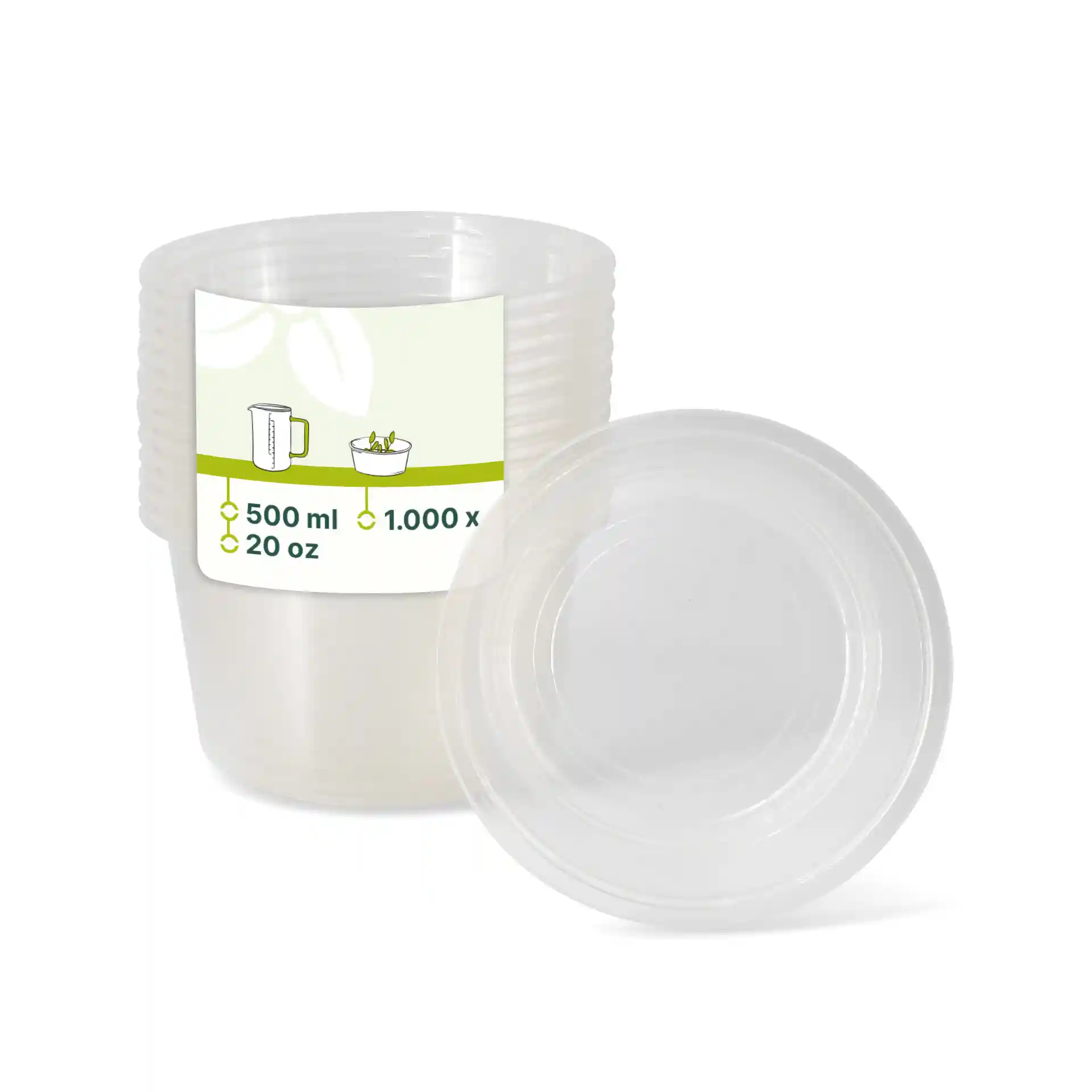 Contenitore rotondo trasparente da 500 ml, mostrato con diversi impilati e uno di lato.