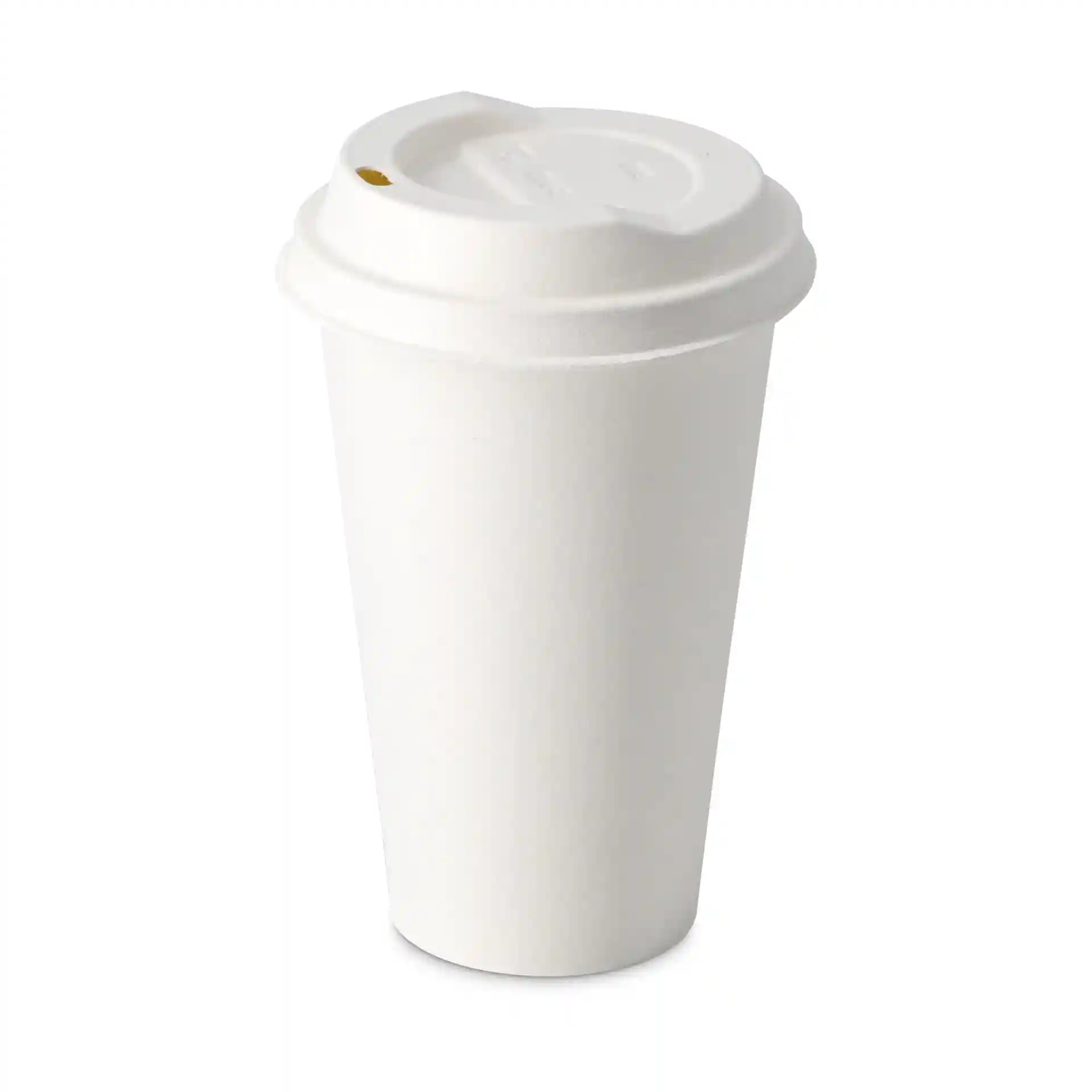 Bicchiere di carta bianco con parete singola, capacità di 400 ml e coperchio con piccola apertura.