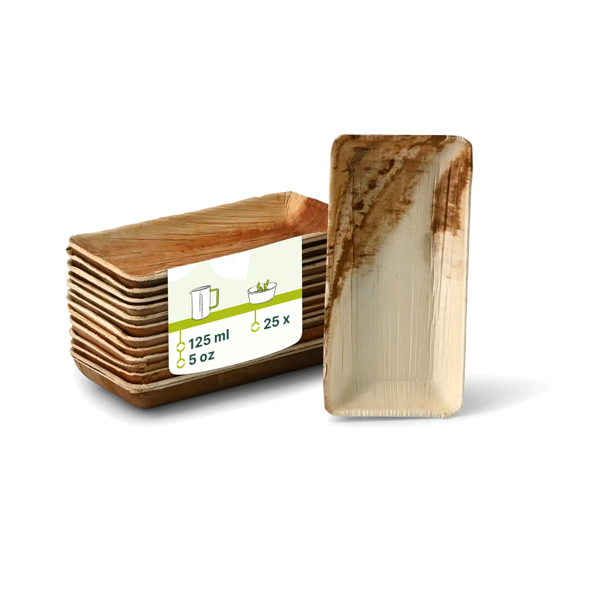 Una ciotola rettangolare in foglia di palma, 125 ml; pila di ciotole simili con grana naturale e design leggero.