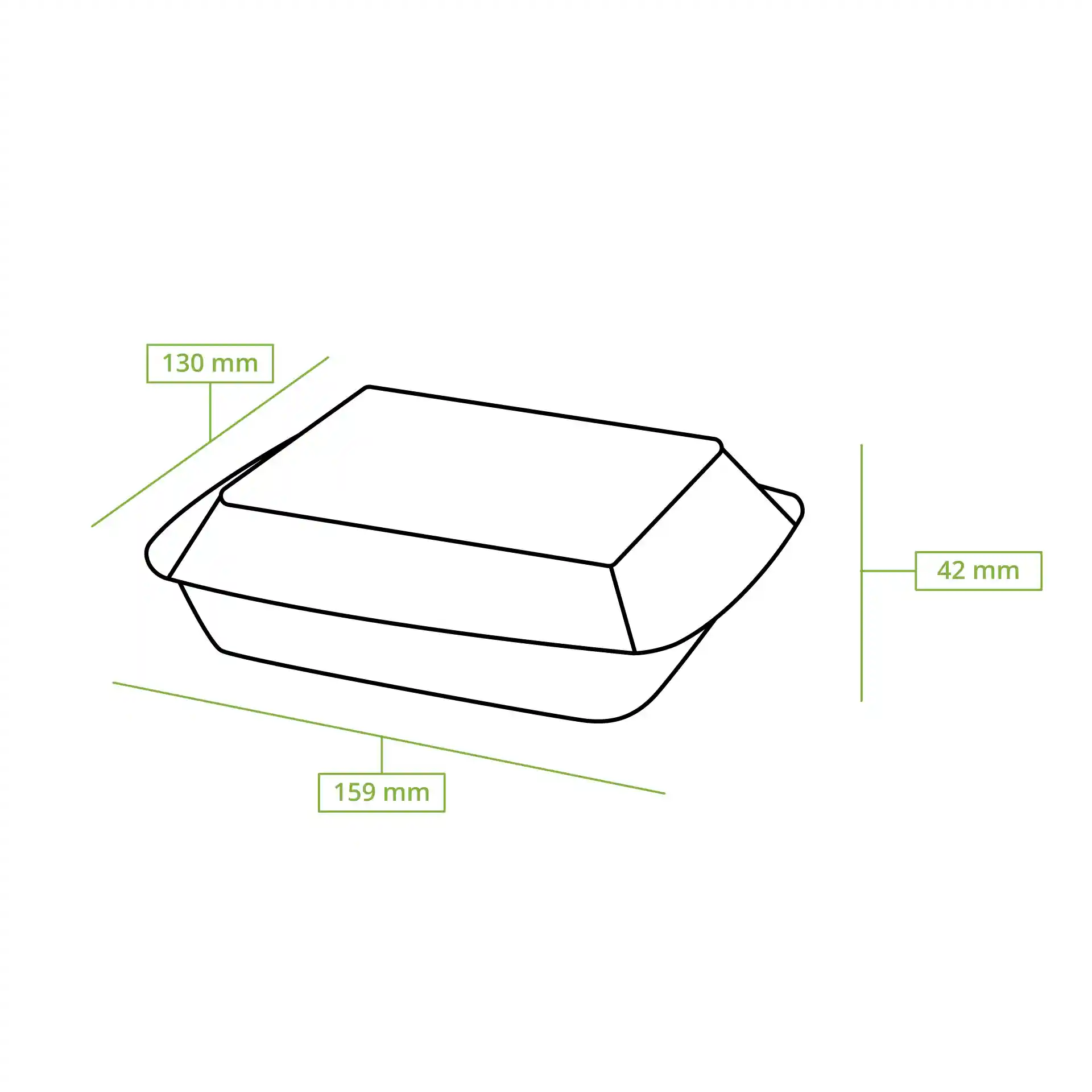 Disegno schematico di una ciotola rettangolare per gastronomia con dimensioni di 159 mm di lunghezza, 130 mm di larghezza e 42 mm di altezza.