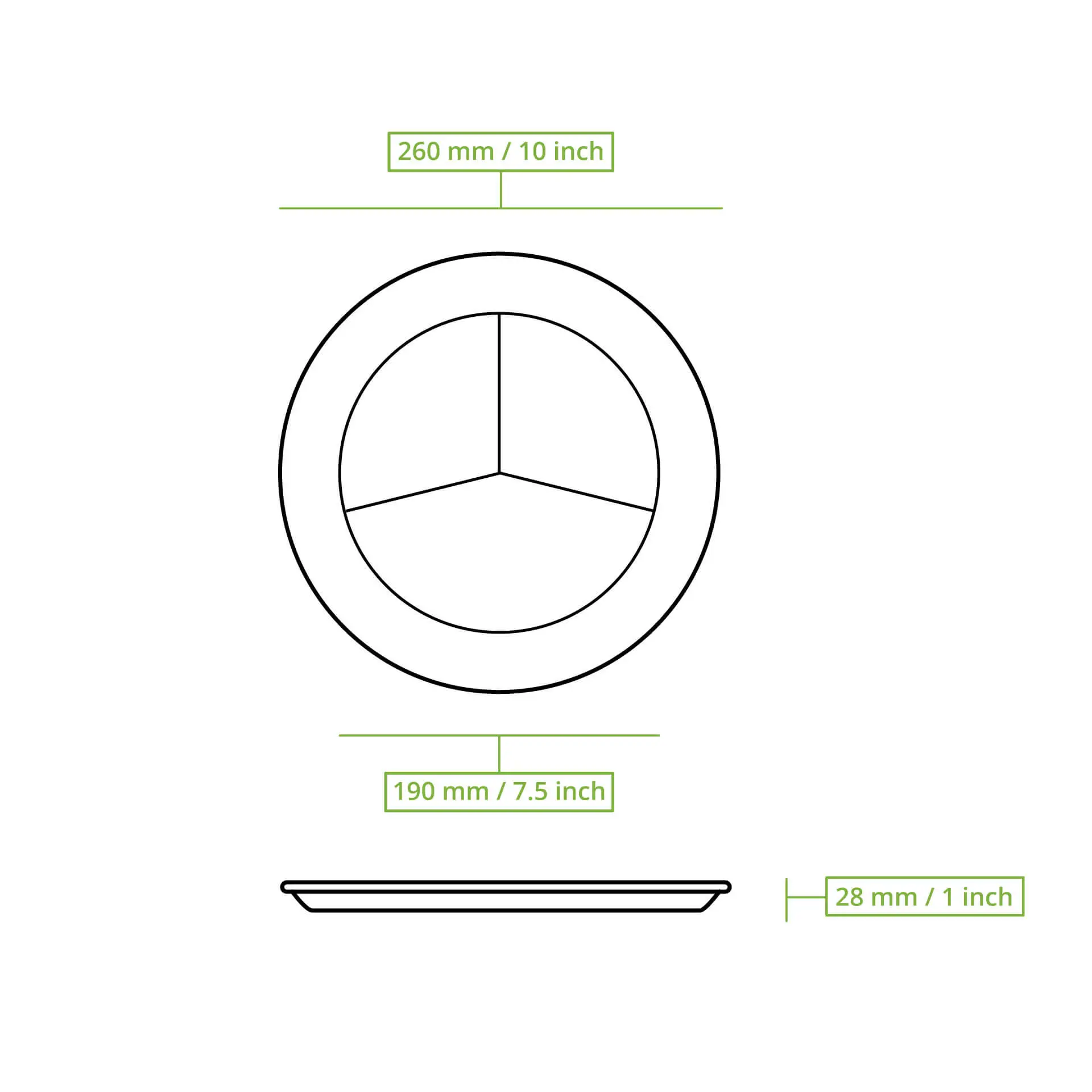 Piatto menu rotondo in canna da zucchero con tre scomparti, diametro 25 cm, profondità 2,5 cm, design biodegradabile.