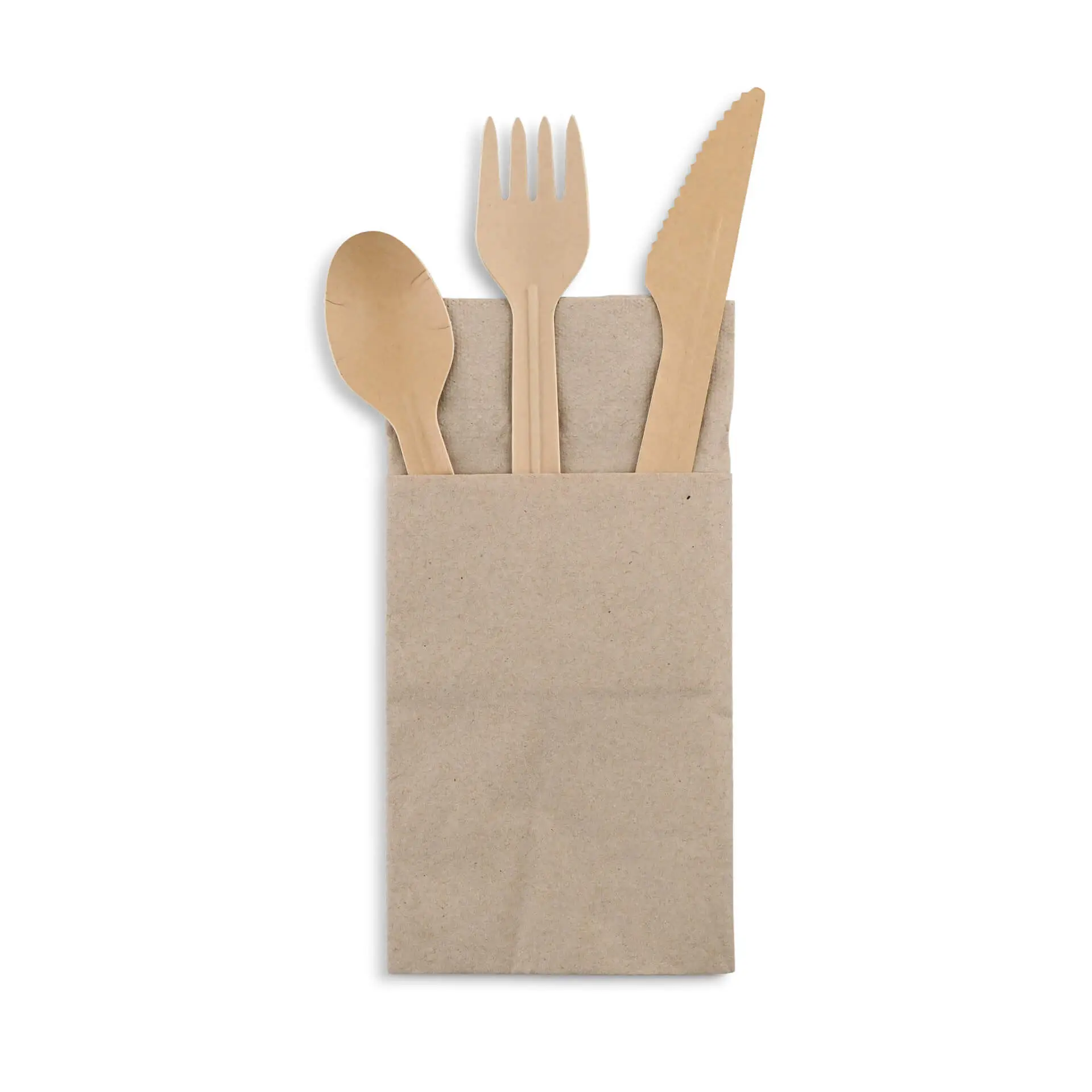 Set di posate in carta marrone composto da cucchiaio, forchetta e coltello in una busta di carta kraft.
