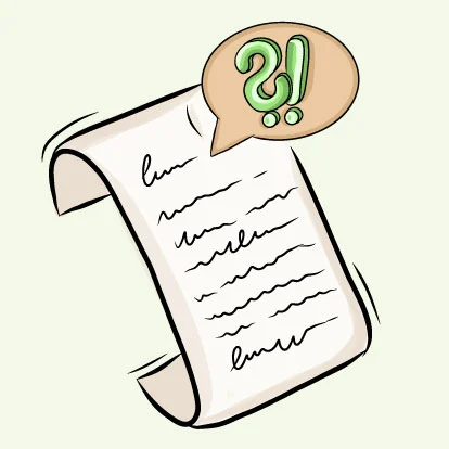 Illustrazione di carta arrotolata con scarabocchi astratti, con una nuvoletta di dialogo con un simbolo di punto interrogativo.