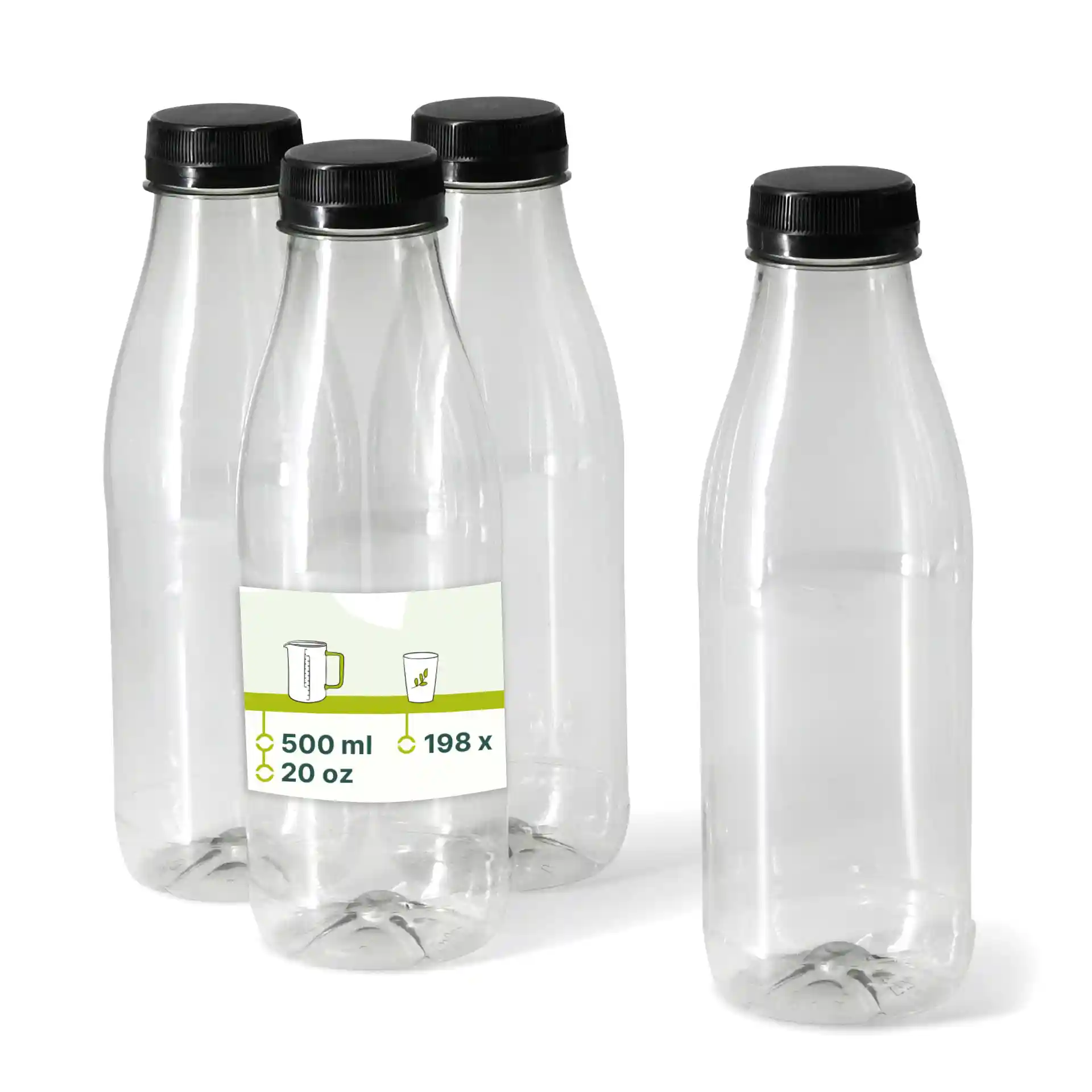 Bottiglie rPET trasparenti con tappi neri, capacità di 500 ml, esposte in un gruppo di quattro.
